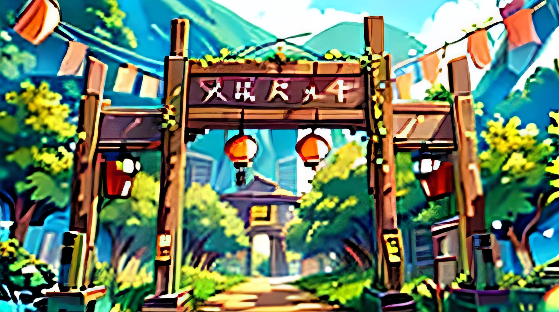 The archway is covered with lanterns,green woods,clear sky,HD,high quality,rolling mountains