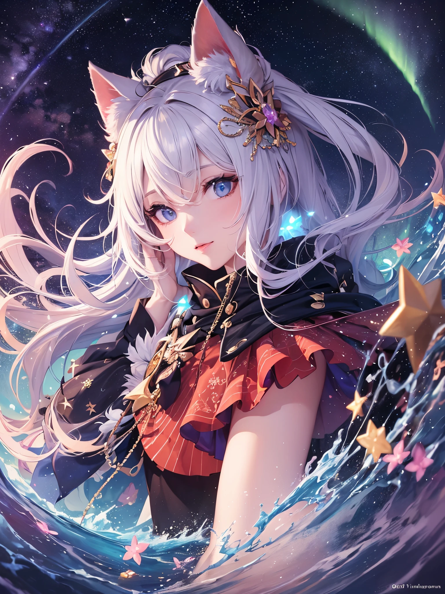 ((highest quality)),(ultra high resolution),(Super detailed),(detailed description),((best CG)),(best work of art),super precision art,amazing drawing art,(Art with precise details:1.5), Starry sky with fluttering aurora、Make a wish on a shooting star that passes through the night sky