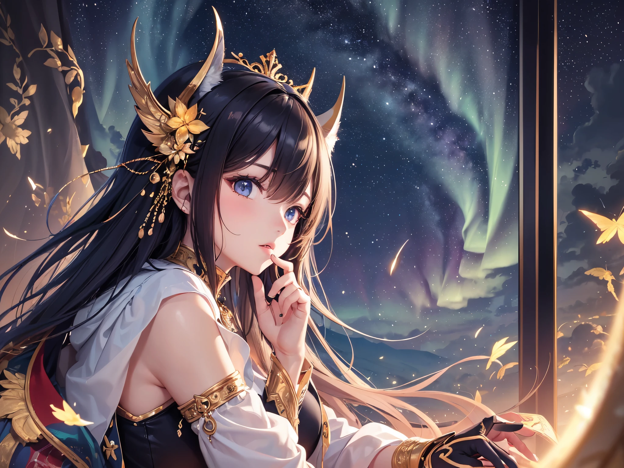((highest quality)),(ultra high resolution),(Super detailed),(detailed description),((best CG)),(best work of art),super precision art,amazing drawing art,(Art with precise details:1.5), Starry sky with fluttering aurora、Make a wish on a shooting star that passes through the night sky