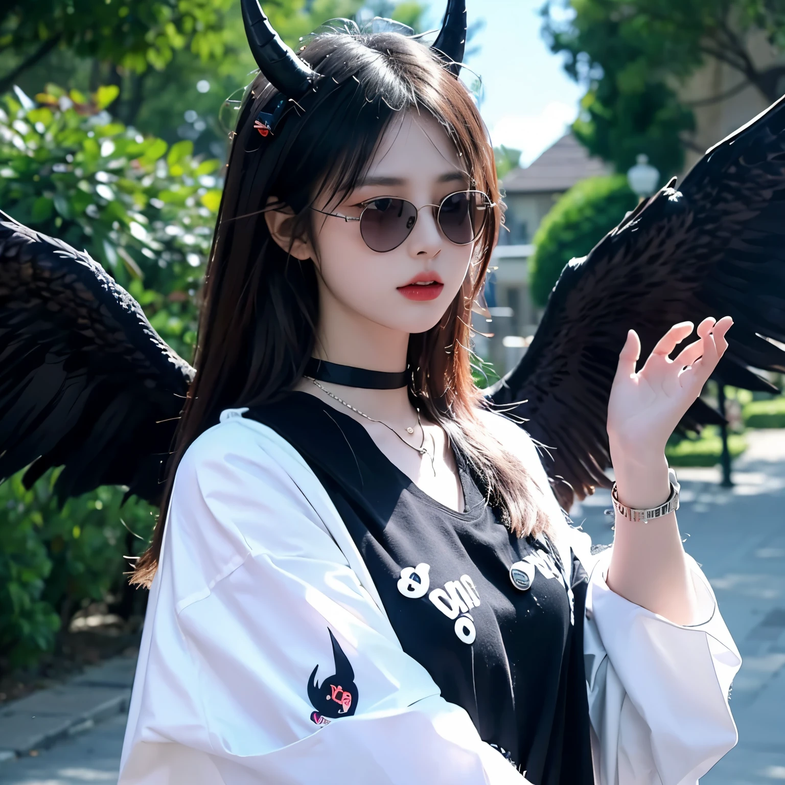 Sunglasses,satanic necklace,choker, black shirt with tie, The shirt buttons are all unbuttoned, black veil, satanic earing,standing in the lake with moon in the sky, angel, wings, White wings, holy girl, horns, lucifer, sunglasses