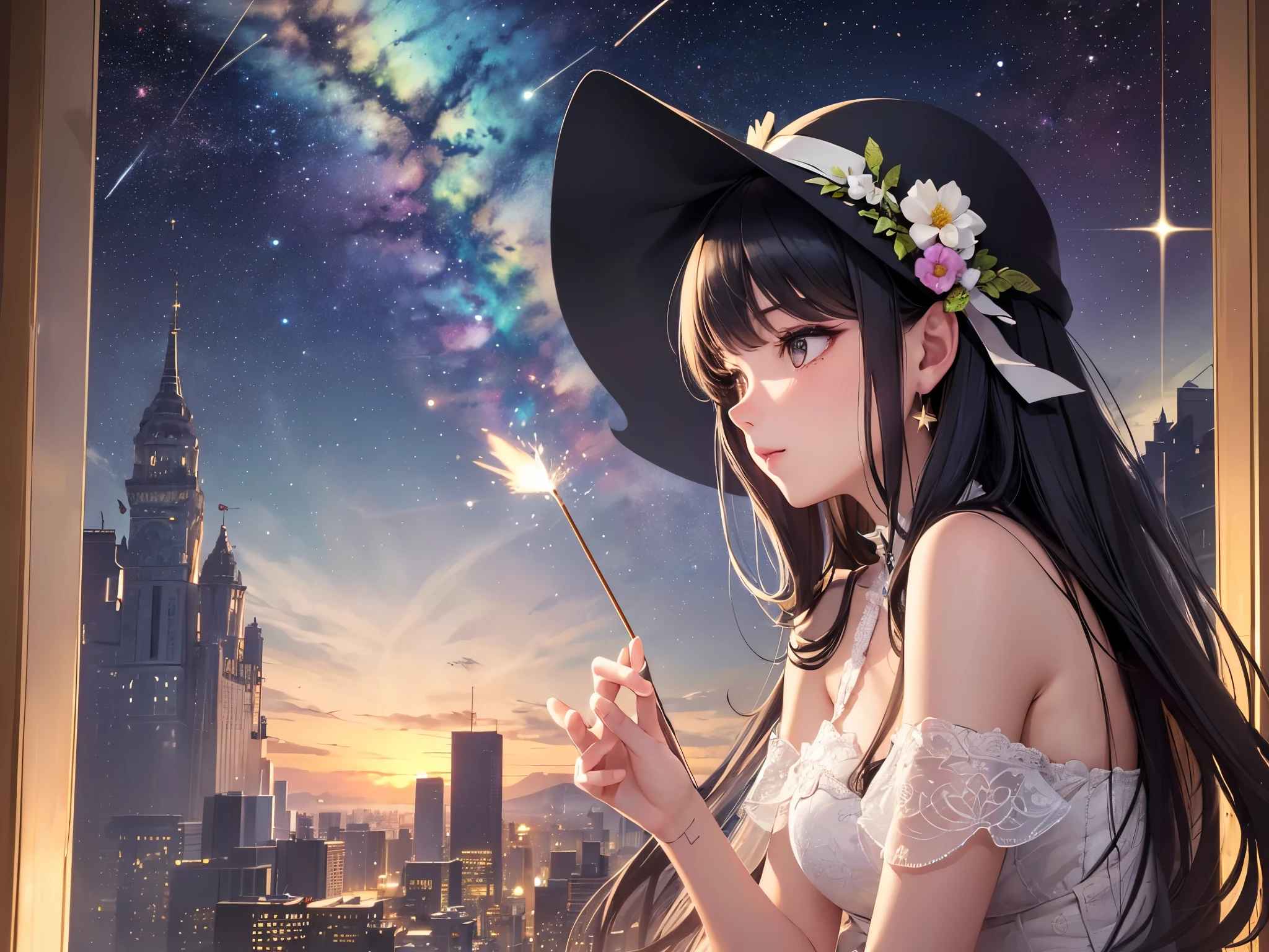 ((highest quality)),(ultra high resolution),(Super detailed),(detailed description),((best CG)),(best work of art),super precision art,amazing drawing art,(Art with precise details:1.5), Starry sky with fluttering aurora、Make a wish on a shooting star that passes through the night sky