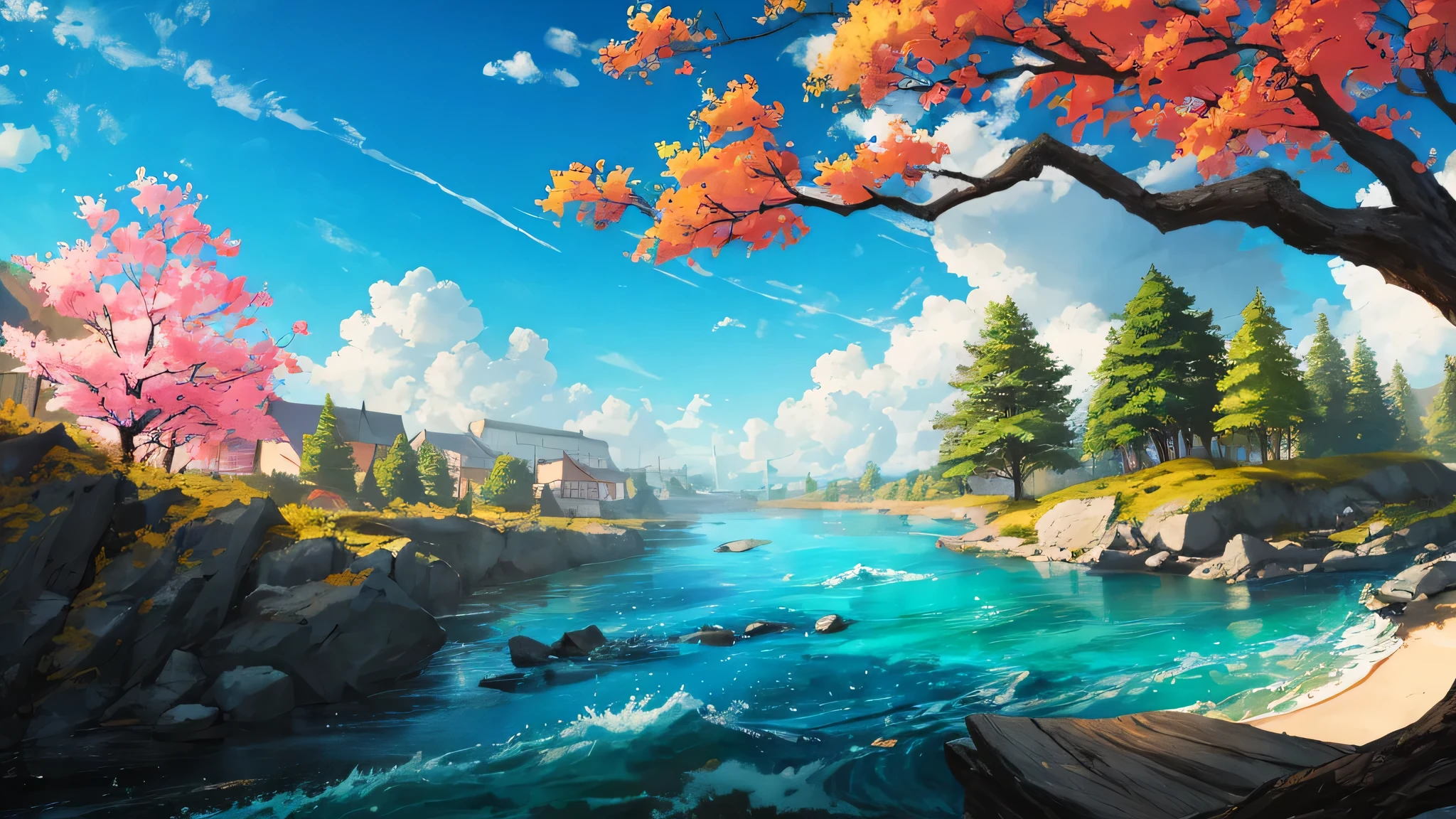 arte conceitual, Nenhum homem, scenario, water, Sky, dia, tree, nuvem, waterfallr, ao ar livre, building, natureza, rio, Blue Sky
