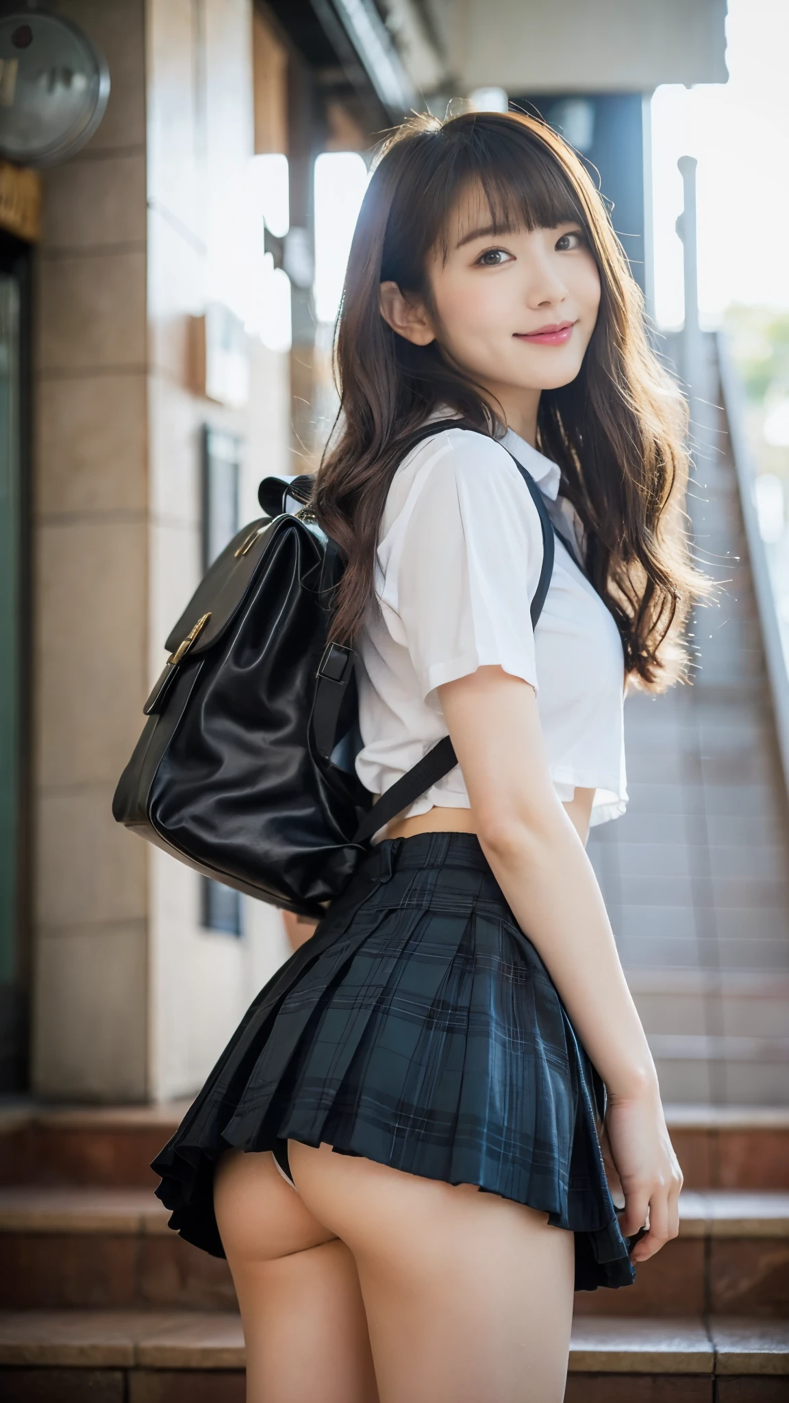 High school girl standing on the school stairs,short sleeve white shirt,Very short red plaid miniskirt:1.2,18-year-old,bangs,a little smile,thighs,knees,from below，random pose，pretty girl，slender girl，white panties，Short-cut blonde，short side waves，carrying a black backpack、buttocks are exposed a lot、buttocks half exposed、