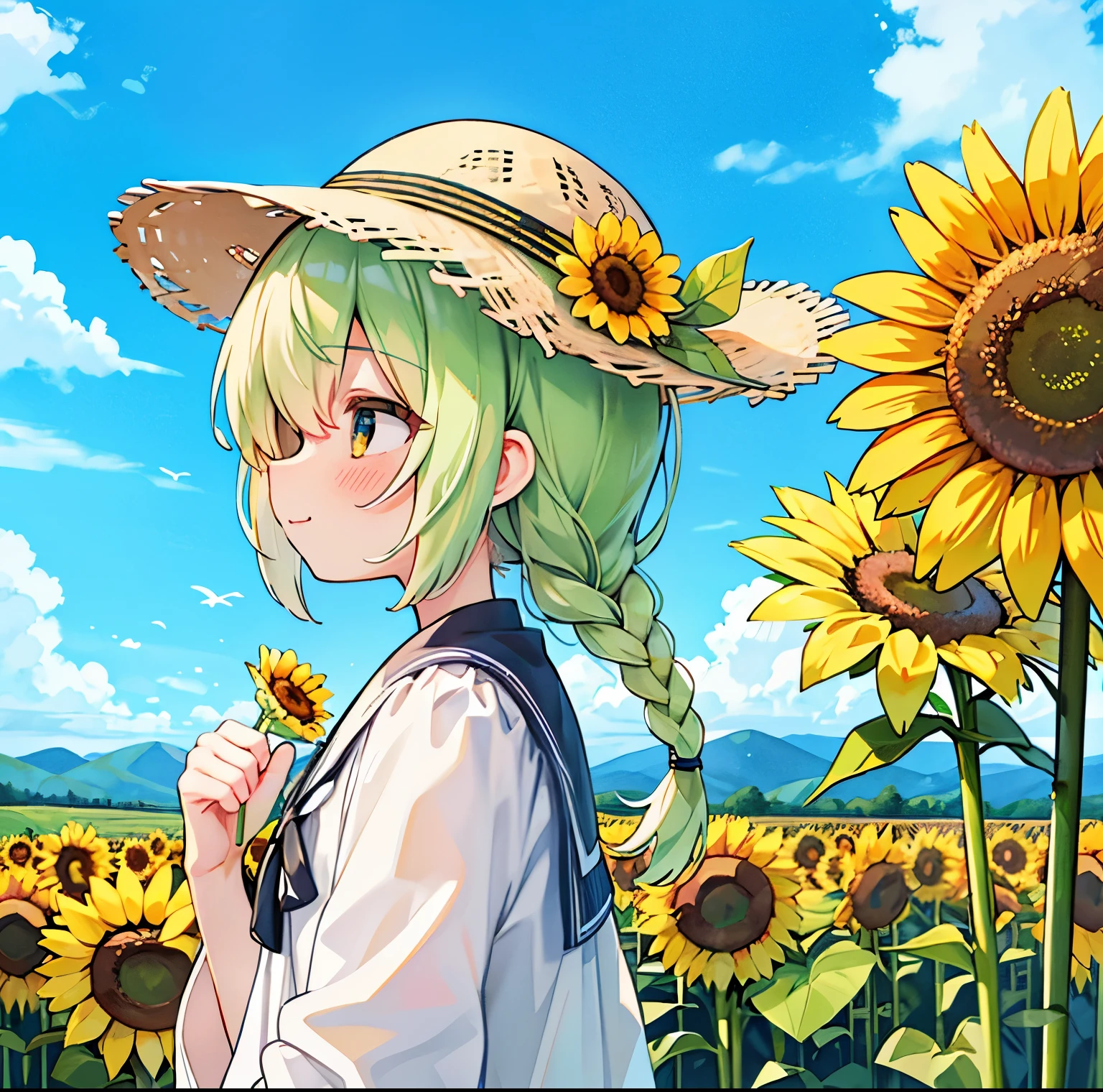 summer sky、colorful、(Girl with sunflowers:1.0)、summer sunshine、white straw hat、Unique color、profile、Landscape、portrait、(Close ~ eyes:1.0)、unique picture、Painting using the latest technology、painting、Upper body、focus on girls、Braid hair sunflower field、A sunflower bigger than a girl&#39;s height、cute笑顔、holding a bouquet of sunflowers、happiness、cute、holding a sunflower in your hands、hold a sunflower