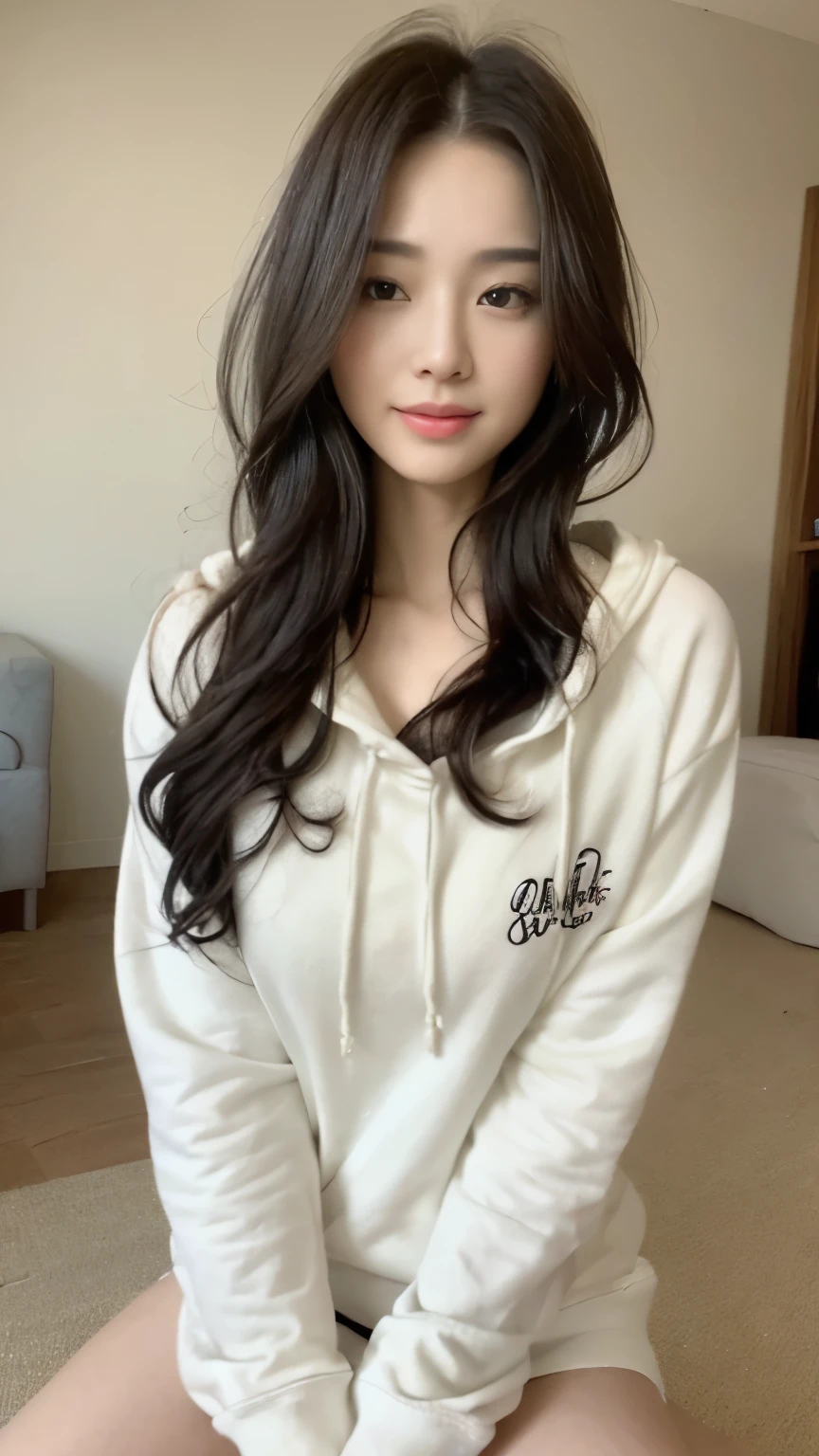 ((top-quality、8k、masterpiece:1.3))、Beautiful woman with perfect body:1.4、slim abdomen:1.2、Longhair, normal breast, Highly detailed facial and skin texture, A detailed eye, delicate eyes, double eyelid, (smile), (full body shot), ((computer room)), (sitting on chair), (((wearing white hoodie)), looking in front, food