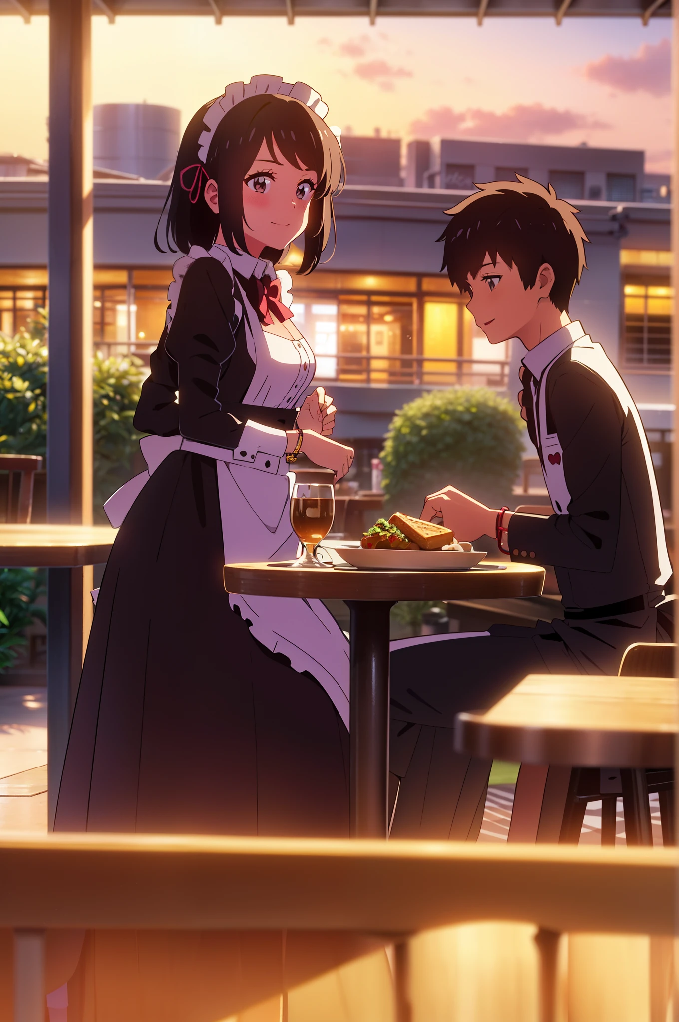 shinkai makoto, kimi no na wa., 1girl, 1boy, bangs, black hair, blush, brown eyes, (boy wear Suspender Clothes), ((girl wear maid dress, maid, apron, maid headdress, short dress, Off-the-shoulders)), bow, ribbon, short hair, smile, open mouth, looking at the viewer, cute, love, heart, couple, adorable, dating, bracelet, evening, sunset, cloudy, outdoors, dynamic lights, restaurant, resto, cafe, coffee, table, chair, sitting together, drinking