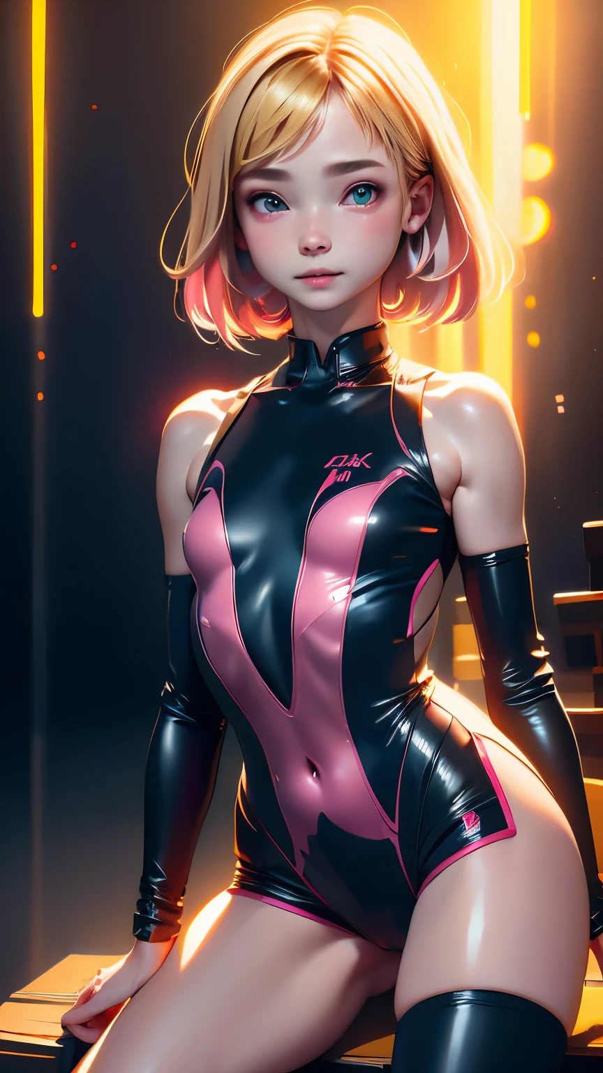 (Neon pink and black futuristic racing suit、quite high leg:1.2、fairly open chest:1.2、wide open thighs:1.2、)、sit with your knees bent、Don&#39;t cover your lower body、Pink Bunny Hair Band、That&#39;s a very, very cute face、best smile、sensual body、Mekoji、camel toe、((highest quality,8k、masterpiece:1.3))、sharp focus:1.2、cute woman with perfect figure:1.4、young face、You can see the double teeth、Blonde medium bob hair、Slender、abs:1.2、oily and shiny skin、Highly detailed face and skin texture、detailed eye、double eyelid、blurry neon lights、