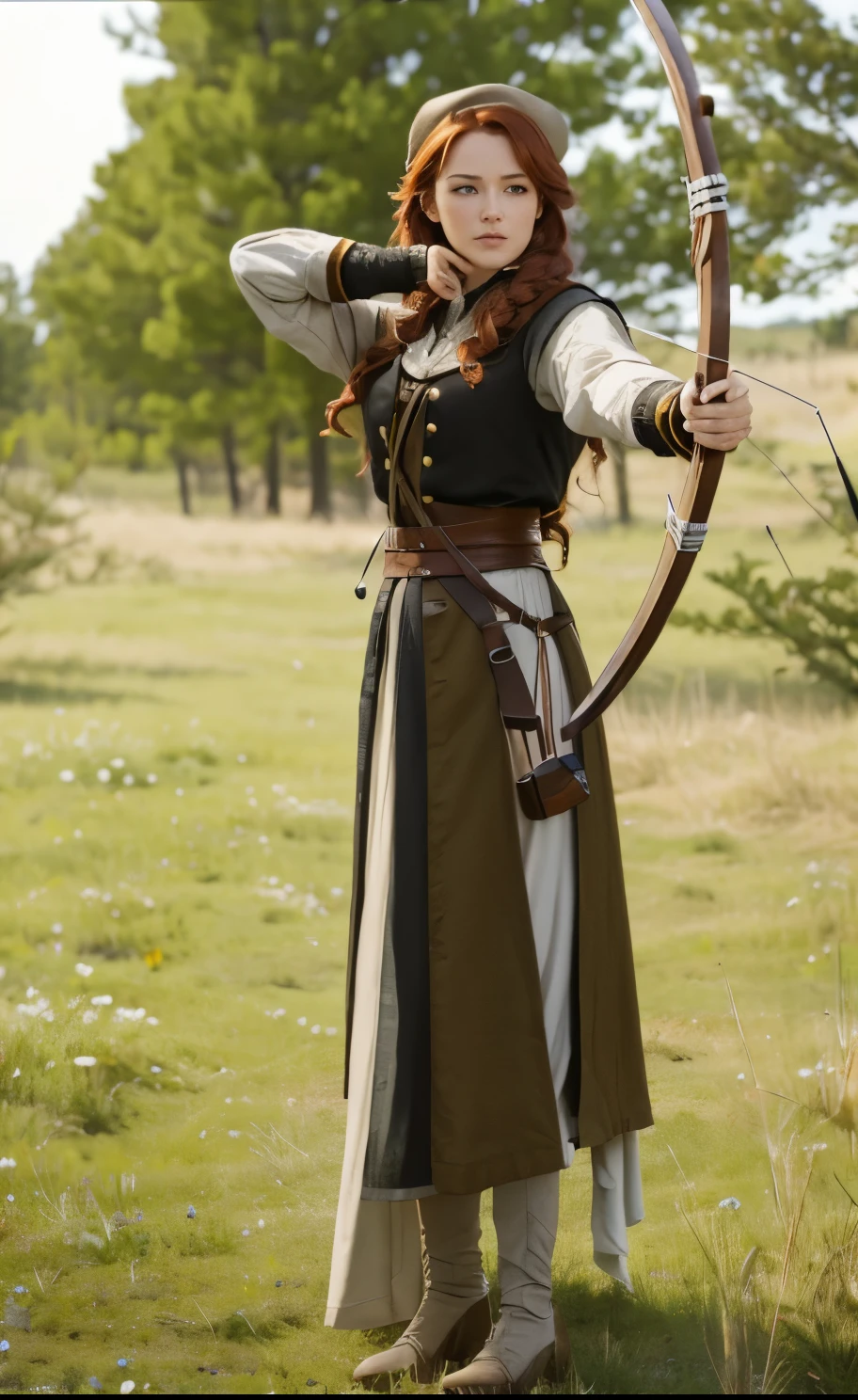 (best quality,4k,8k,highres,masterpiece:1.2),ultra-detailed,(realistic,photorealistic,photo-realistic:1.37),cinematic image,scene in a movie,red-haired hunter girl,old leather hat,decorated bow and arrow,preparing to fire the bow,European medieval clothing,sunset lighting,wind blowing her hair,forest background,natural surroundings,vivid colors,HDR,sharp focus,physically-based rendering,professional,bokeh.