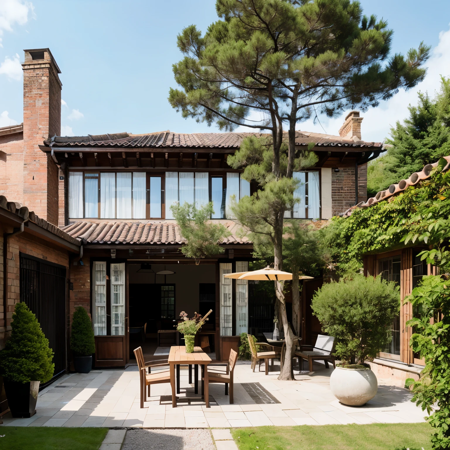 A large rectangular terrace in front of the house, in a modern style, with 19th-century brick on the main wall, roofing based on anthracite-colored poles. There are tiles on the floor. Inside, there are tables and chairs made of rafan. There are thujas or other shrubs around, a realistic photo