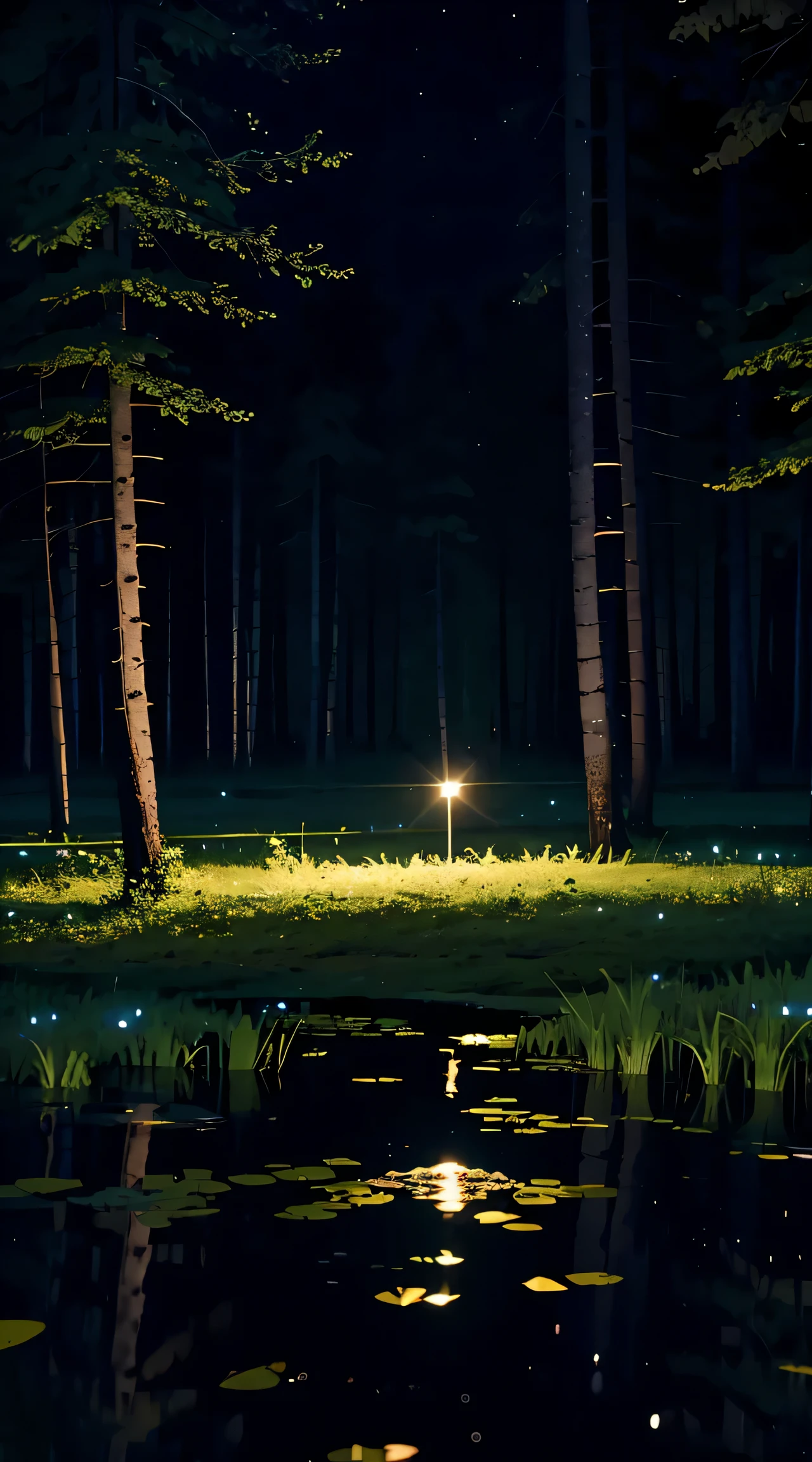 dark night In a pond in the middle of the forest There was a light shining from behind., There is no person., high resolution, wash people, The center point in the picture, Depth of view