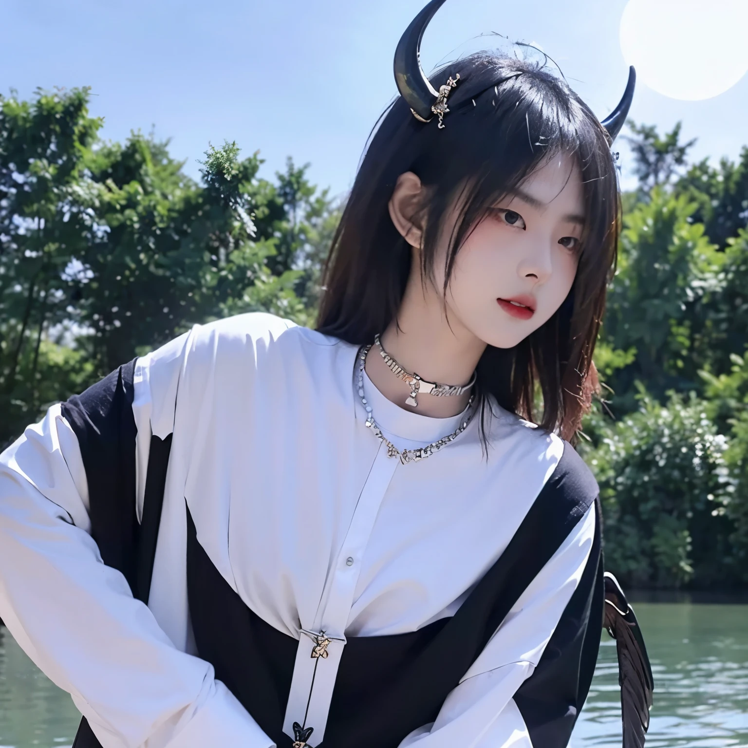 Sunglasses,satanic necklace,choker, black shirt with tie, The shirt buttons are all unbuttoned, black veil, satanic earing,standing in the lake with moon in the sky, angel, wings, White wings, holy girl, horns, lucifer, sunglasses