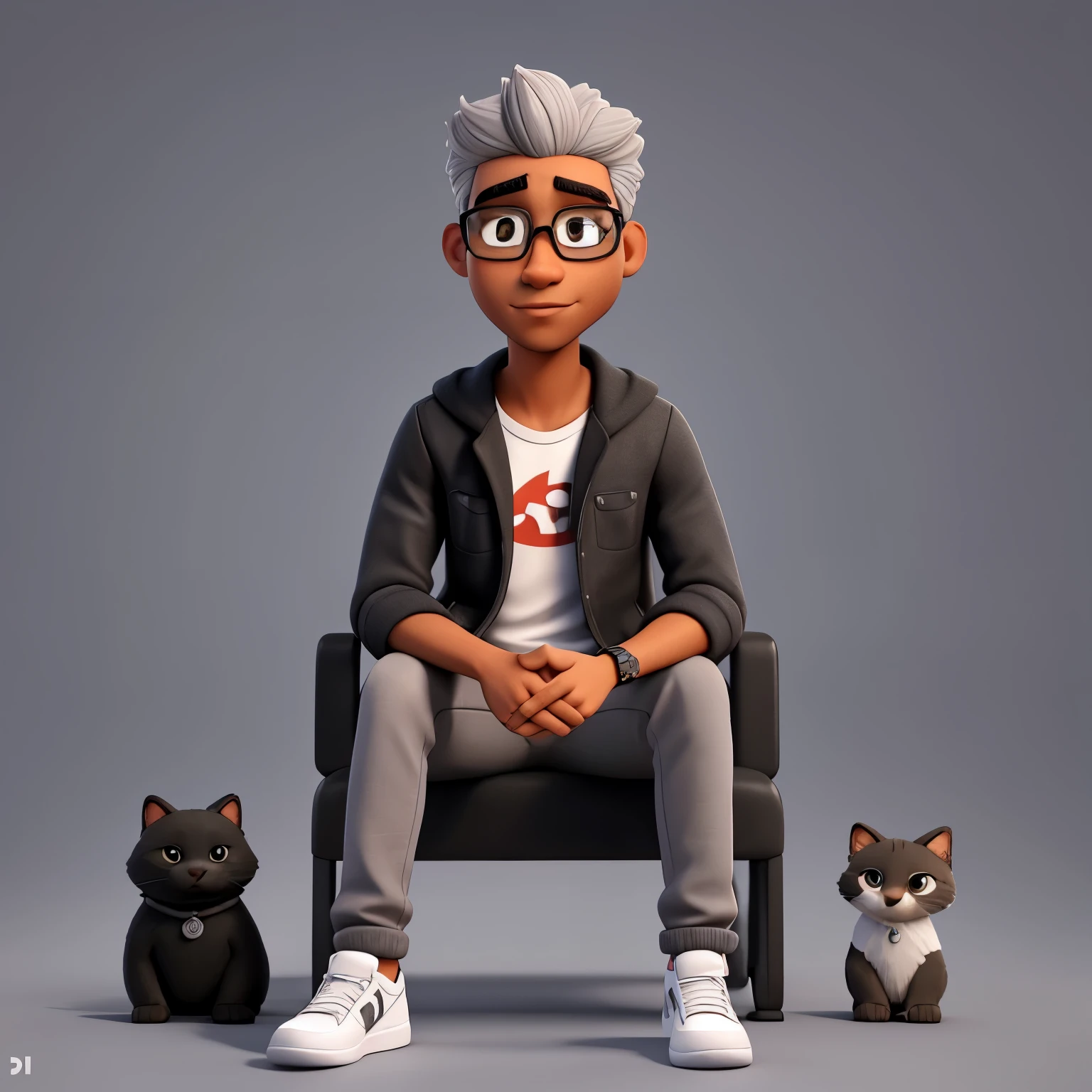 Create a 4k 3d illustration of a super realistic animated character sitting casually on the logo of the social network Instagram
The character must be dark-skinned, with gray hair, a goatee, and an earring, and wear modern casual clothes, such as a black jacket and white sneakers.
The background of the image must be a profile with the name Telmo Silva