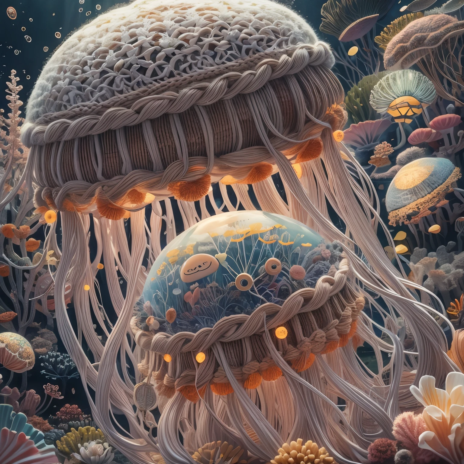 (La best quality,high resolution,super detailed,actual),Cute knitted jellyfish，smiley face，at the bottom of the sea，Surrounded by glowing jellyfish，Dreamy elements（ （（masterpiece）））， （（best quality））， （（intricate details））（8k）