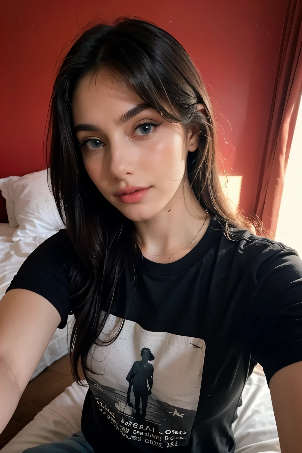 One hand selfie,19 years old, blue eyes, taking the last selfie of the day, ((lying in her bed on her back,)), really natural looklike, tired, total messy hair, skin pores, skin imperfections, really tired eyes, a small smile on her face. (((She wears a red old tshirt.))) Photo taken with a Canon Eos 35mm, deep shadows. Hyper detailed, hyper realistic, super qualiry, super detailed, high contrast really natural shadows on her face