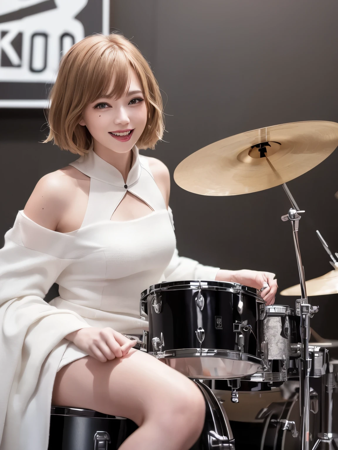(((Highest image quality、8k、beautiful woman、The background is a pure white wall)))、drummer、Drumming、I'm playing the drums、short hair woman、blonde、smile、wearing a yellow cheongsam、