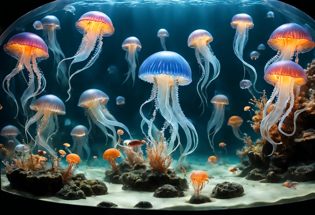 (a looking through the glass of an aquarium at some jellyfish),glass reflection,elegant aquarium tank,beautifully lit scene,colorful jellyfish floating gracefully,mesmerizing movement underwater,vibrant underwater world,sparkling water,curious 's expression,amazing marine creatures,delicate tentacles,translucent bodies,spectral lighting,shimmering colors,ethereal atmosphere,underwater tranquility,immersive aquatic experience,jellyfish pulsing and drifting,magical underwater encounter,serene and captivating scene,(best quality,4k,8k,highres,masterpiece:1.2),ultra-detailed,realistic:1.37,HDR effect,vivid and lifelike colors,soft and gentle glow,calming ambiance