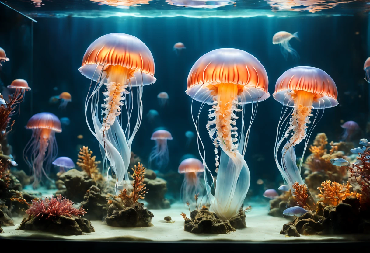 (a  looking through the glass of an aquarium at some jellyfish),glass reflection,elegant aquarium tank,beautifully lit scene,colorful jellyfish floating gracefully,mesmerizing movement underwater,vibrant underwater world,sparkling water,curious 's expression,amazing marine creatures,delicate tentacles,translucent bodies,spectral lighting,shimmering colors,ethereal atmosphere,underwater tranquility,immersive aquatic experience,jellyfish pulsing and drifting,magical underwater encounter,serene and captivating scene,(best quality,4k,8k,highres,masterpiece:1.2),ultra-detailed,realistic:1.37,HDR effect,vivid and lifelike colors,soft and gentle glow,calming ambiance