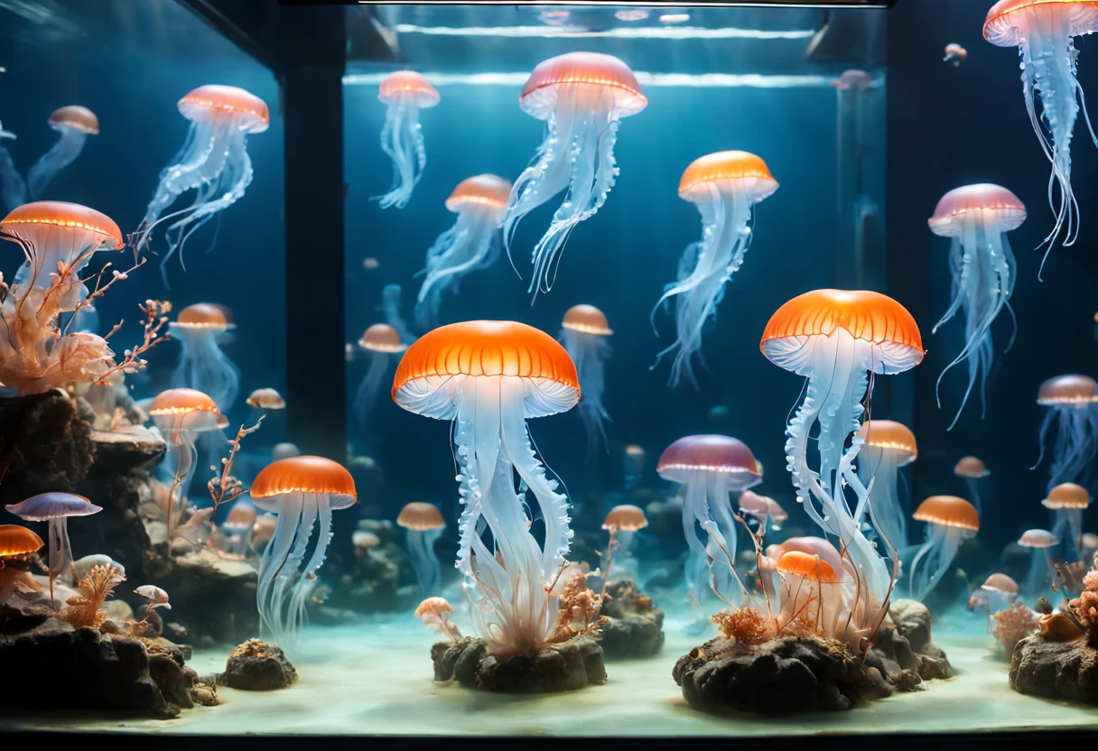 (a looking through the glass of an aquarium at some jellyfish),glass reflection,elegant aquarium tank,beautifully lit scene,colorful jellyfish floating gracefully,mesmerizing movement underwater,vibrant underwater world,sparkling water,curious 's expression,amazing marine creatures,delicate tentacles,translucent bodies,spectral lighting,shimmering colors,ethereal atmosphere,underwater tranquility,immersive aquatic experience,jellyfish pulsing and drifting,magical underwater encounter,serene and captivating scene,(best quality,4k,8k,highres,masterpiece:1.2),ultra-detailed,realistic:1.37,HDR effect,vivid and lifelike colors,soft and gentle glow,calming ambiance