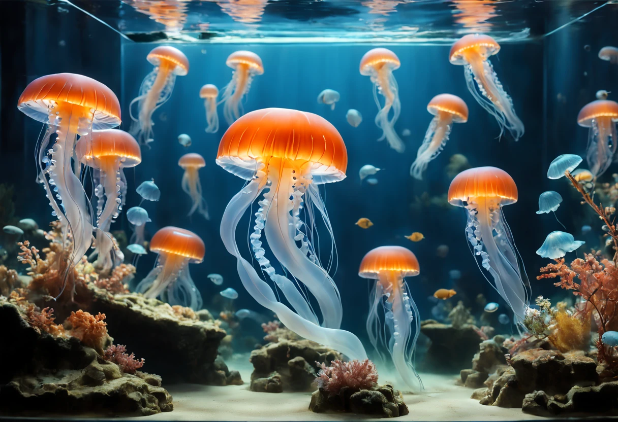 (a looking through the glass of an aquarium at some jellyfish),glass reflection,elegant aquarium tank,beautifully lit scene,colorful jellyfish floating gracefully,mesmerizing movement underwater,vibrant underwater world,sparkling water,curious 's expression,amazing marine creatures,delicate tentacles,translucent bodies,spectral lighting,shimmering colors,ethereal atmosphere,underwater tranquility,immersive aquatic experience,jellyfish pulsing and drifting,magical underwater encounter,serene and captivating scene,(best quality,4k,8k,highres,masterpiece:1.2),ultra-detailed,realistic:1.37,HDR effect,vivid and lifelike colors,soft and gentle glow,calming ambiance