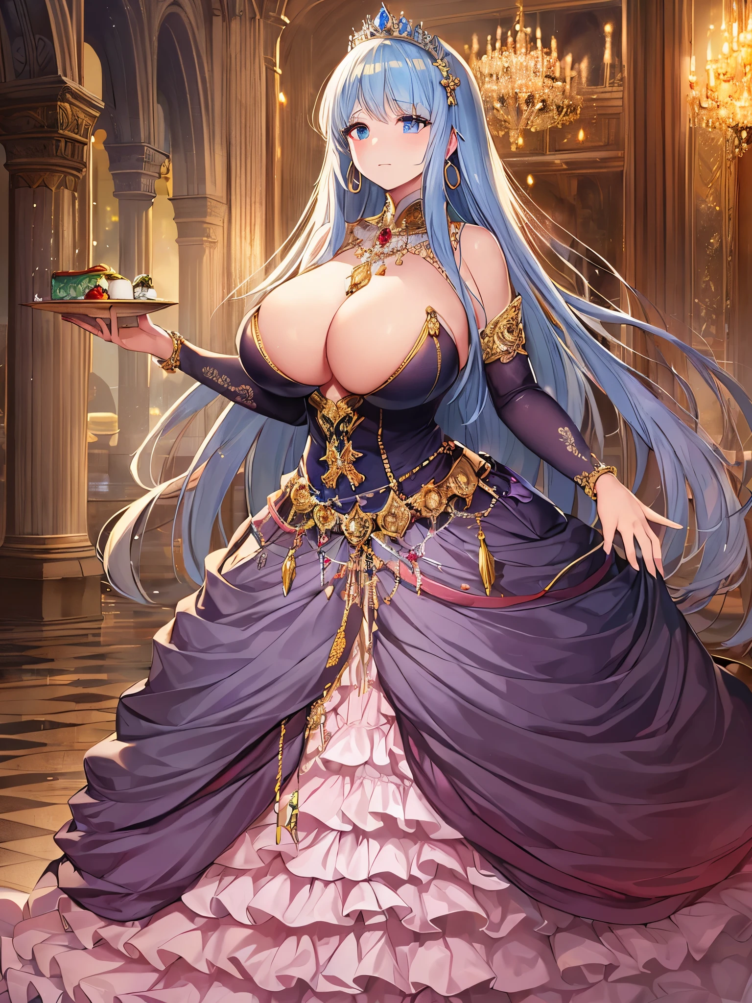 anime artstyle,Masterpiece,Best Quality,Super Detail,Very Delicate and Beautiful,Solo,full body,full body portrait,((1 princess in a jeweled rococo ballgown with beautiful embroidery)),(((very very gigantic tits))),cleavage,Skindentation,((fantasy castle,outdoor)),((crinoline,long train)),super detailed gorgeous princess ballgown with voluminous full length hoop skirt,gorgeous princess rococo ballgown with long train,gorgeous princess rococo ballgown with beautiful embroidery and jeweled,(detailed face and eyes),jewel-like eyes,((extremely voluminous straight Hair,Extremely Long Straight Hair)),extremely gorgeous hair ornament,((extremely gorgeous jeweled big tiara)),luxurious jewelry,((super detailed jeweled gorgeous princess rococo ballgown with voluminous full length hoop skirt)),full body