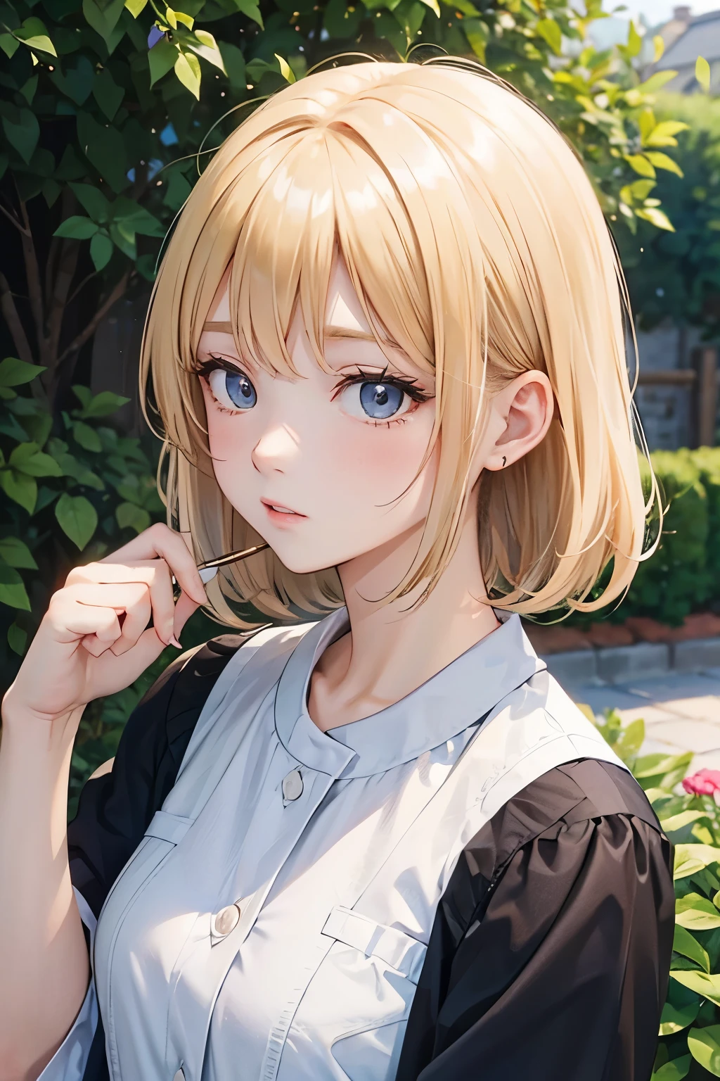 blonde、girl、look down、close up of face、garden