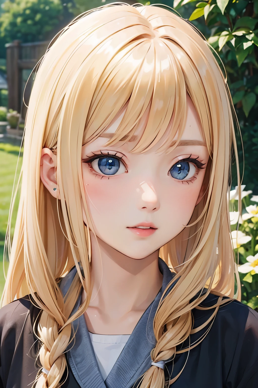blonde、girl、look down、close up of face、garden