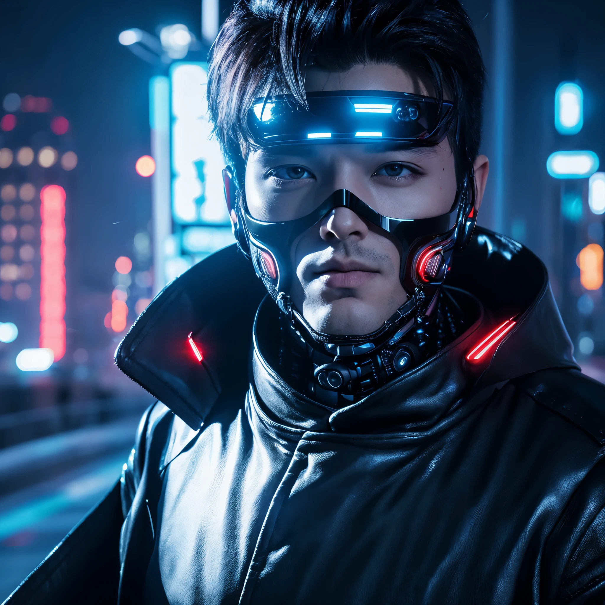 face portrait, male, With a black coat, cyber punk