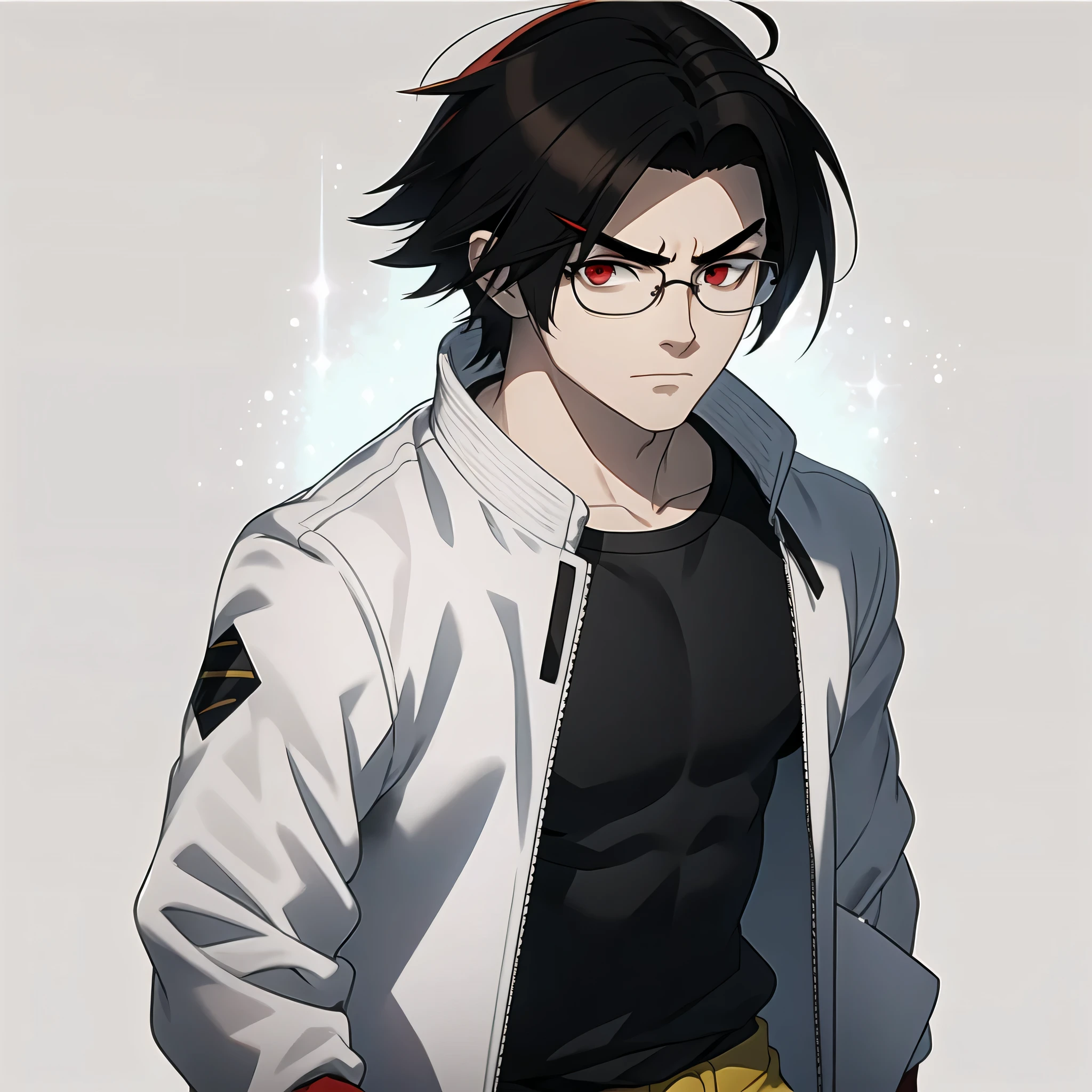 glasses), (red eyes:1.3), (male),  adult, solo, (calm expression, bored eyes), (white and red jacket, yellow t-shirt:1.1), (short hair, black hair, single white streak:1.3) split-color hair, [by cervina7:0.85], (by r-mk:1.12), [by sindoll:0.7], 6'1 ft tall, (by sssonic2:1.25), (really thin simple eyebrows:1.3), (no background), (anime style)