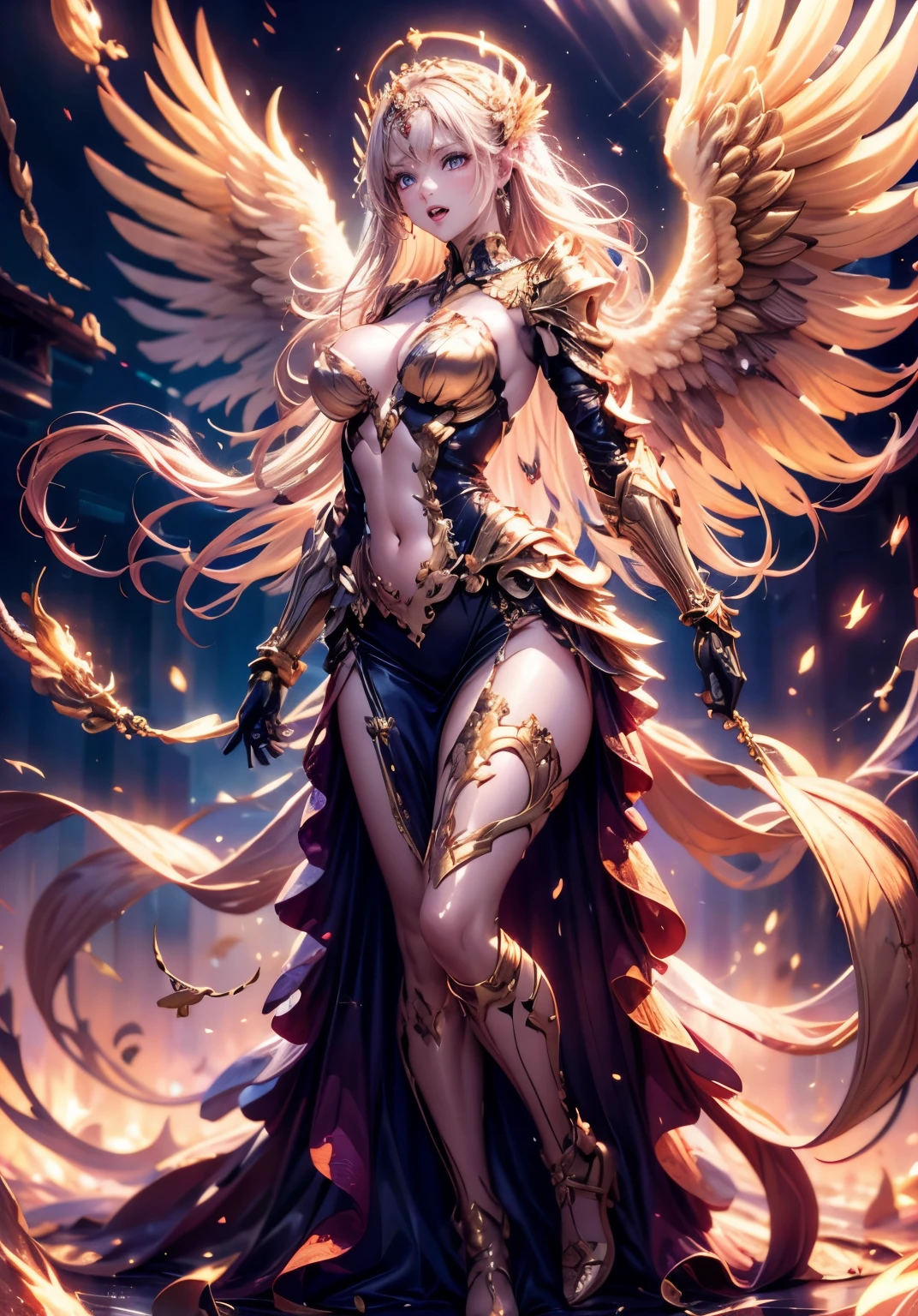 golden goddess、Lady Luck、beautiful goddess、highest quality、super delicate、super high quality、realistic、Angel with wings、shining brightly、Golden Angel、mysterious golden background、beautiful body、beautiful and plump breasts、golden armor、full body photo、big angel wings、Because I&#39;m slender、wings that cover the body