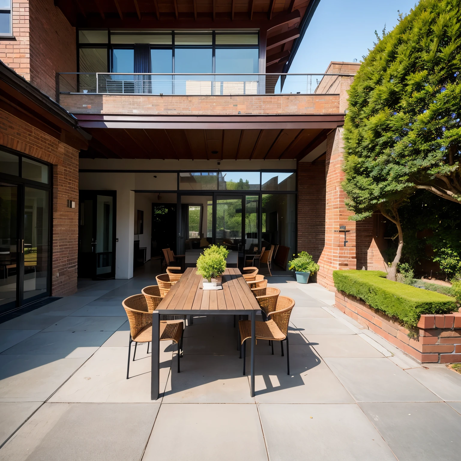 A large rectangular terrace in front of the house, in a modern style, with 19th-century brick on the main wall, roofing based on anthracite-colored poles. There are tiles on the floor. Inside, there are tables and chairs made of rafan. There are thujas or other shrubs around, a realistic photo
