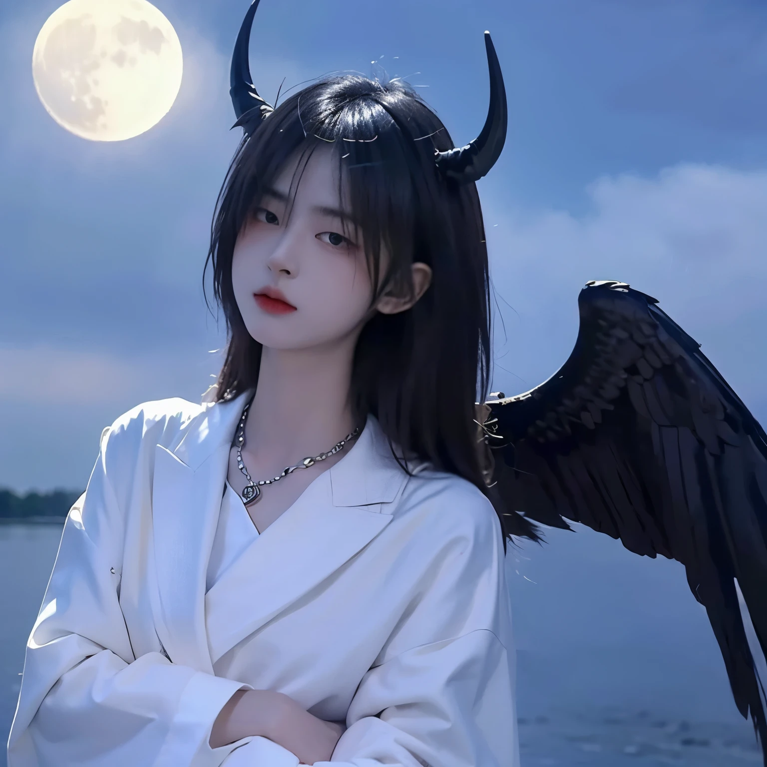 Sunglasses,satanic necklace,choker, black suit, suit with tie, black veil, satanic earing,standing in the lake with moon in the sky, angel, wings, White wings, holy girl, horns, lucifer, sunglasses