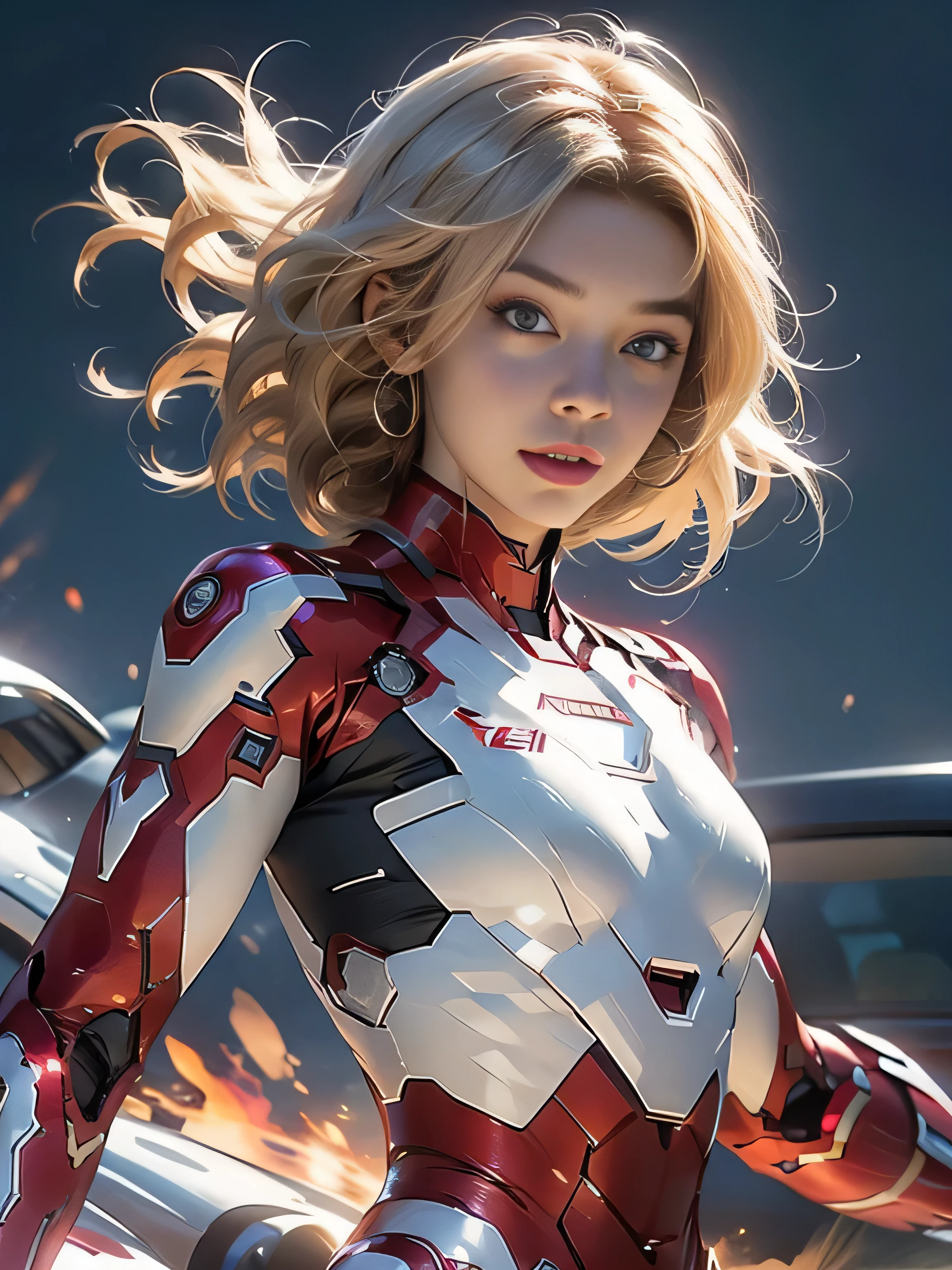 18yo Girl,White IronMan suit,short and wavy hair,blondehair,beautifulface,lluvia,teto,The Masterpiece,exquisite detailing,Perfect anatomy,best qulity,ultra-highresolution,4k, Full body Shot