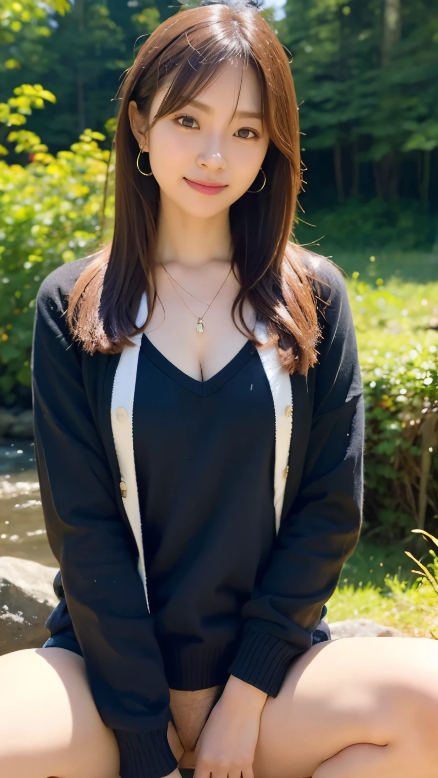 ((high-definition images, masterpiece, atmospheric perspective, 8k, super detail, accurate, best quality, single shot)), (((a westerner cute women with masturbation))), (casual style), jacket, unbuttoned shirt, swollen areoles, (round face, eyes realistic sizing, drooping eyes, blush, smile), (((standing and spread legs, focus on pubic hair))), (in the forest, mountain, rock, thin river, at night), blond braid hair, tiny earrings, thin necklace, (light makeup), 