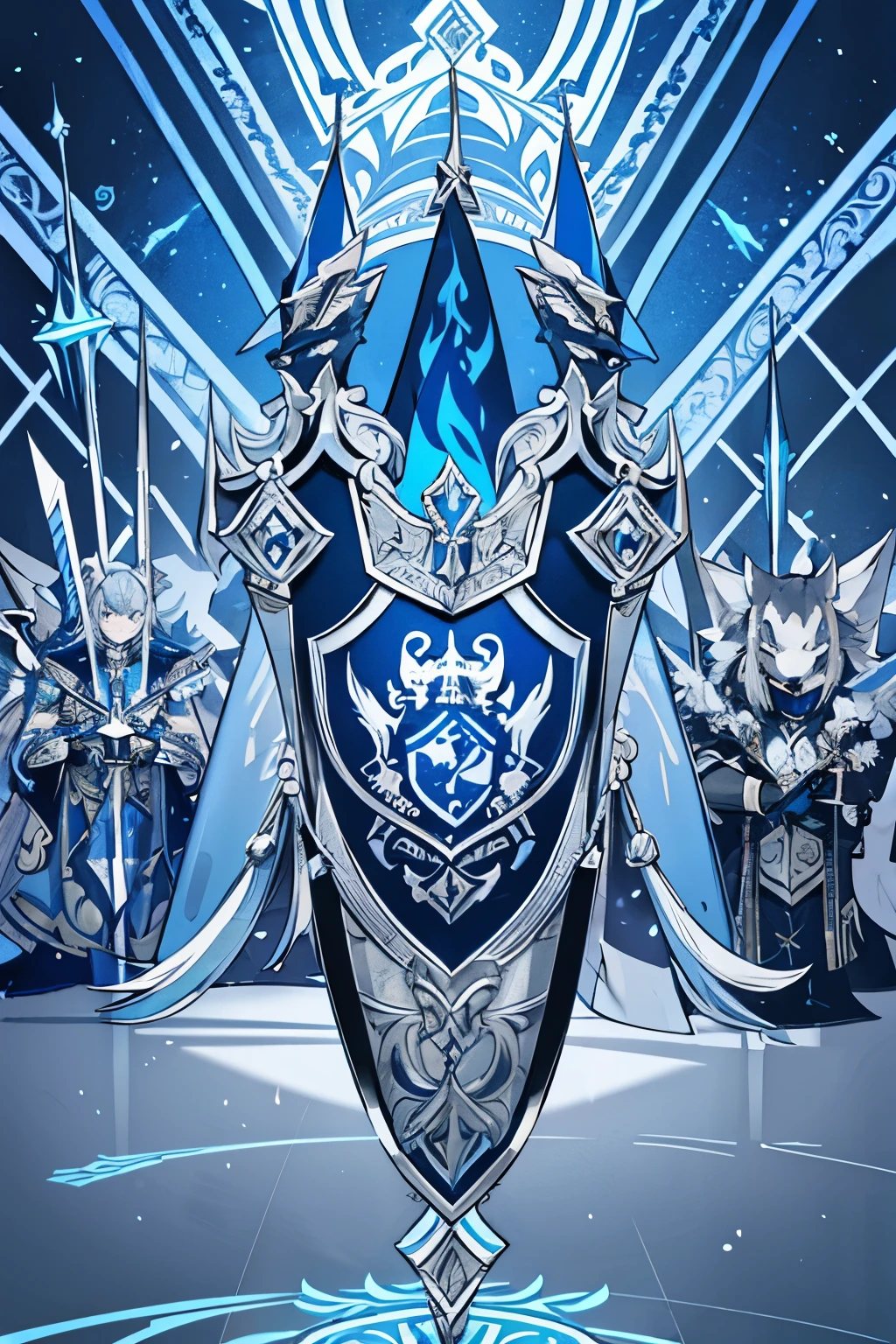 a wolf surrounded by swords, a silver and blue shield with a stylized design on it, shield design, fantasy shield, blue and silver armor, shield emblem, royal coat of arms