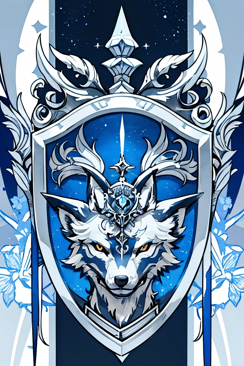 a wolf surrounded by swords, a silver and blue shield with a stylized design on it, shield design, fantasy shield, blue and silver armor, shield emblem, royal coat of arms