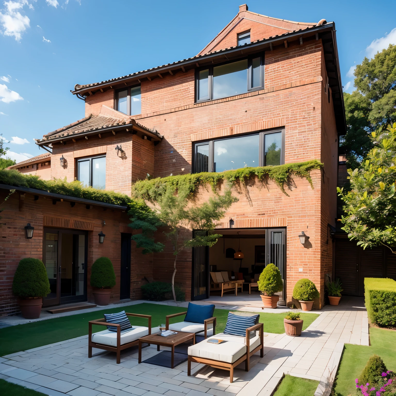 A large rectangular terrace in front of the house, in a modern style, with 19th-century brick on the main wall, roofing based on anthracite-colored poles. There are tiles on the floor. Inside, there are tables and chairs made of rafan. There are thujas or other shrubs around, a realistic photo
