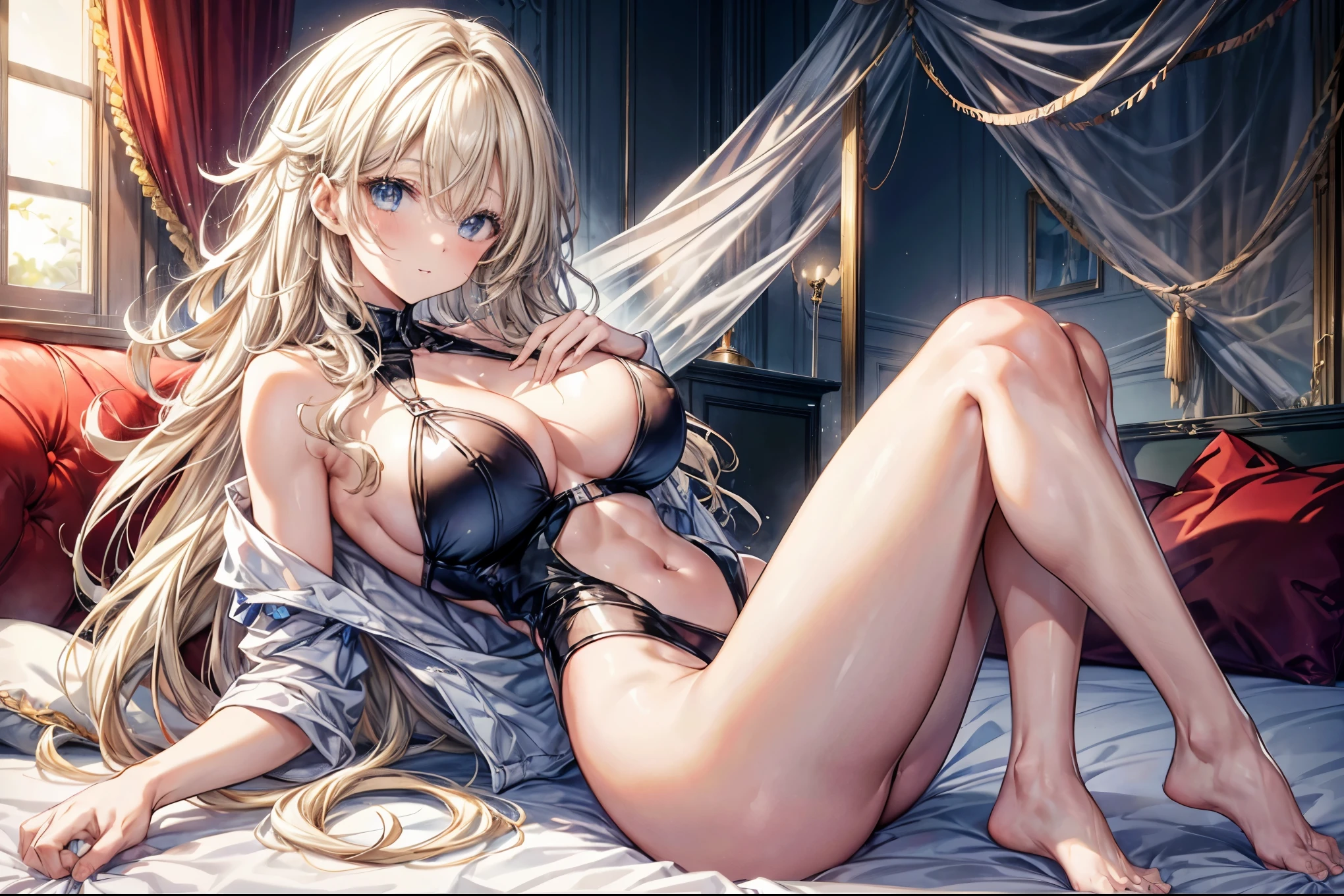 sensual, ((long blonde curly hair)), thick thighs, 8K, 4K, highest quality, High resolution:1.2), cute anime face, noise reduction, ((shining blue eyes, gentle smile, kind eyes))、toned abdominal muscles, muscular arms, muscular legs, young face, anime eyes, (((big breasts、Breasts that are about to burst)))、(((whole body)))、Wearing a white high-leg cut leotard、lie down on the bed