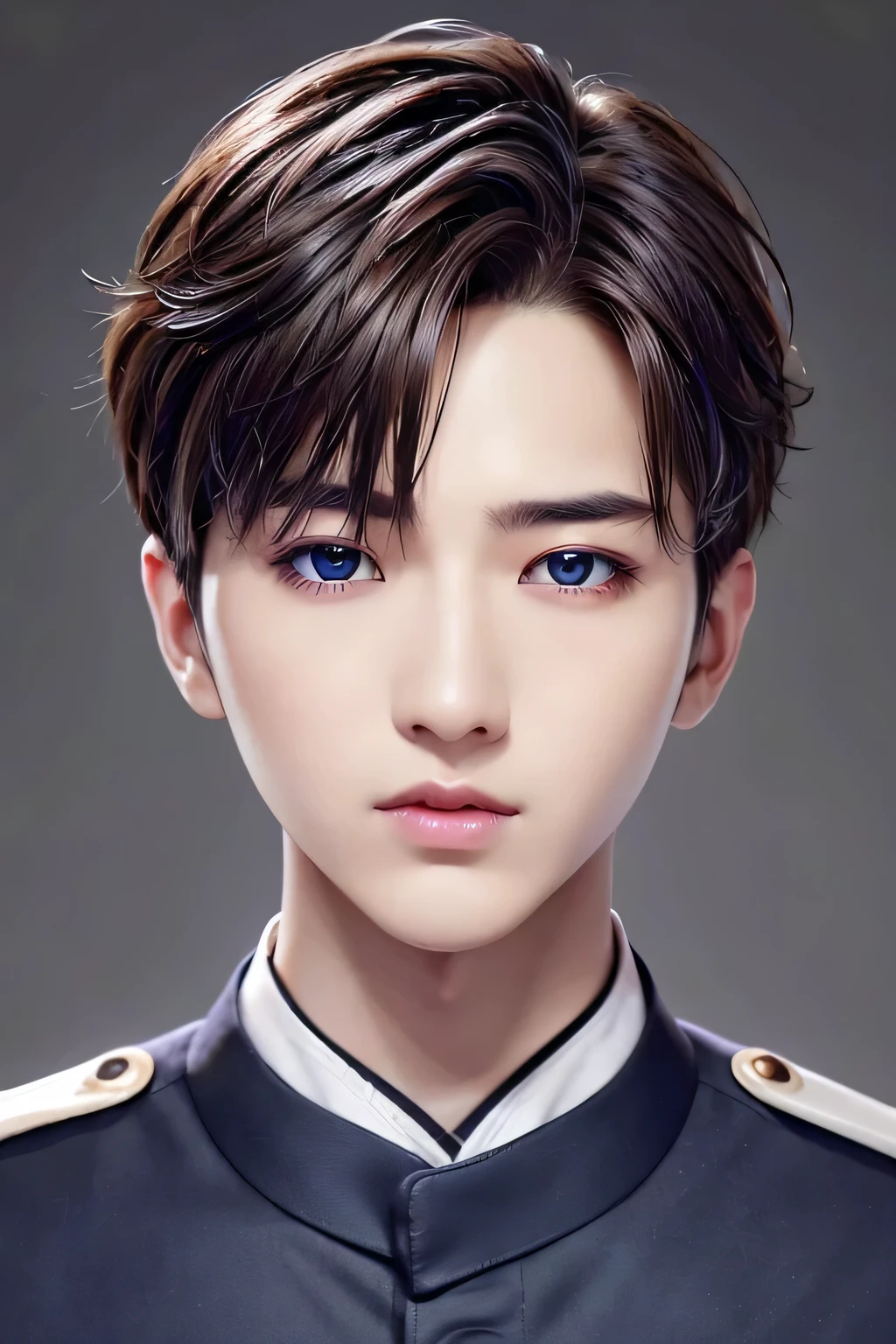 1 person、high quality、masterpiece、4k、Shorthair and brown hair、blue shining eyes、realistic skin、rough skin、(Facial:1.23)、(closed mouth:1.12)、Black and white uniform