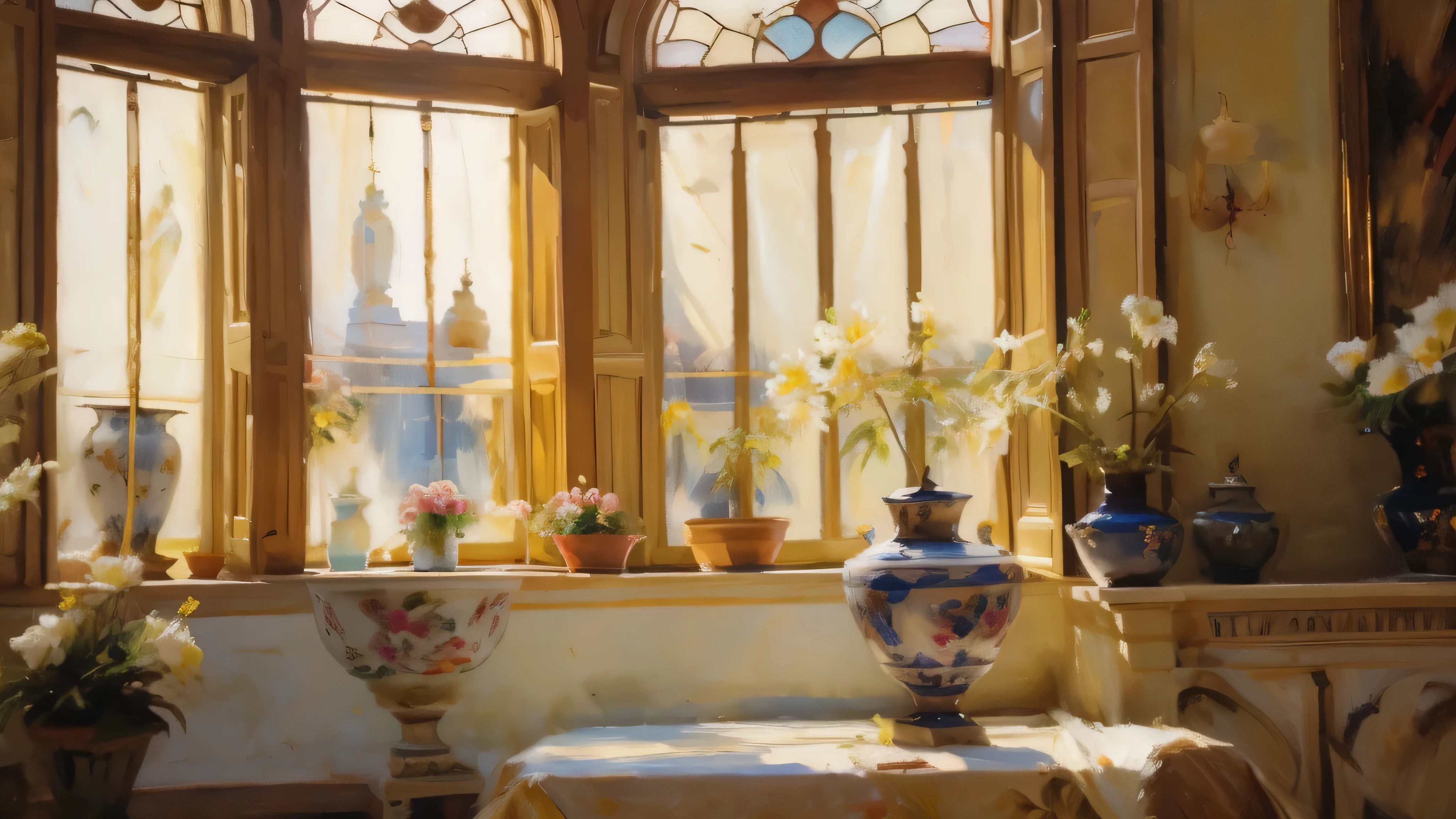 meticulous, Strong light shines on the window,masterpiece,silk,clothing,flowerpot,unmanned,flowers