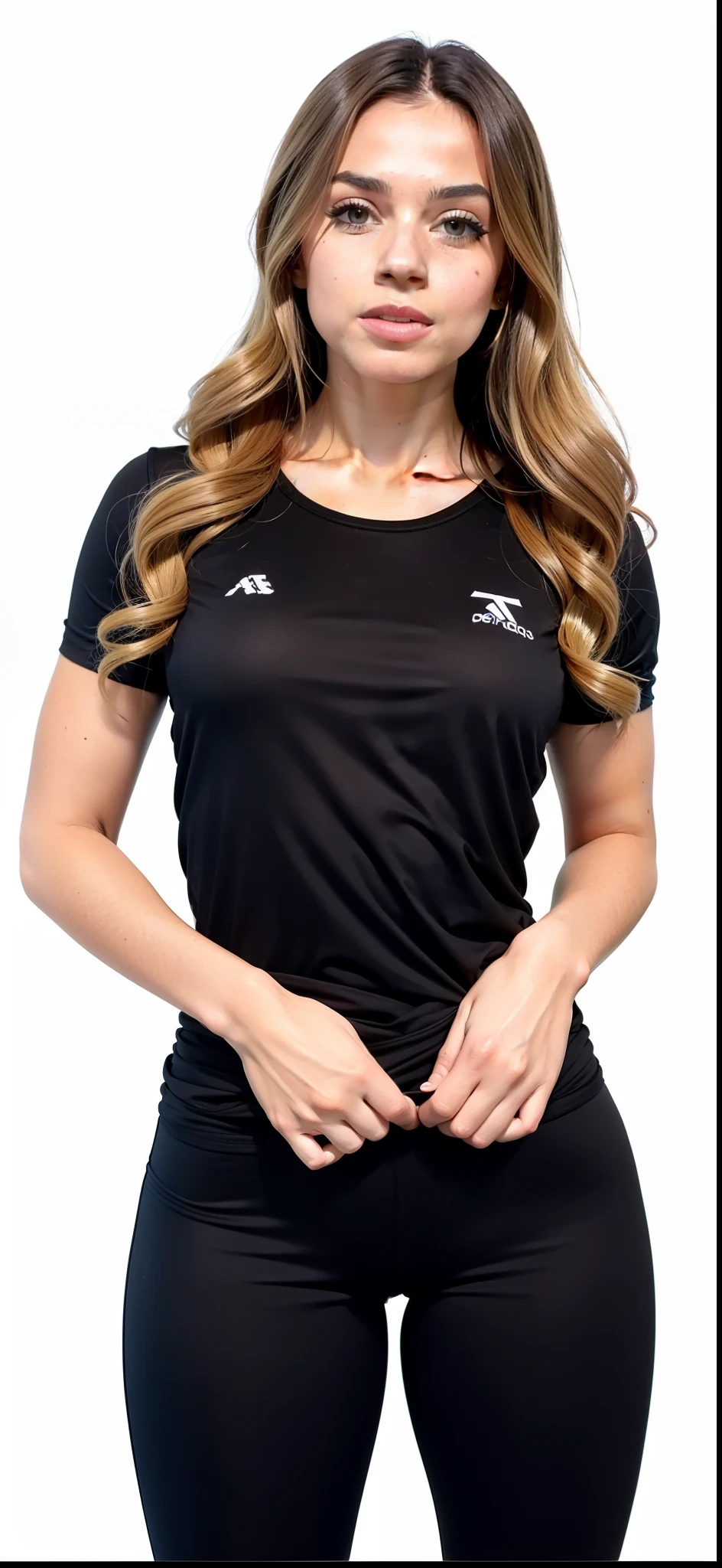a woman in preto shirt and preto pants posing for a picture, roupas esportivas, roupas esportivas, camiseta esportiva, wearing a volleyball shirt, sports bra and shirt, preto t shirt, manga curta, detalhe perfeito, preto shirt, wearing a preto t-shirt, preto jersey, two piece workout clothes, wearing preto tshirt, preto, camisa apertada, waist reaching ponytail