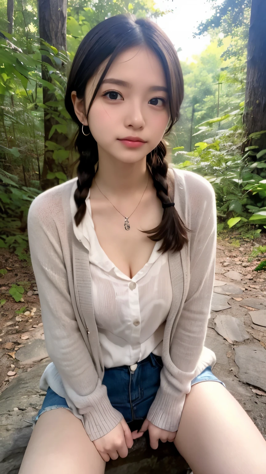 ((high-definition images, masterpiece, atmospheric perspective, 8k, super detail, accurate, best quality, single shot)), (((a westerner cute women with masturbation))), (casual style), jacket, unbuttoned shirt, swollen areoles, (round face, eyes realistic sizing, drooping eyes, blush, smile), (((standing and spread legs, focus on pubic hair))), (in the forest, mountain, rock, thin river, at night), blond braid hair, tiny earrings, thin necklace, (light makeup),
