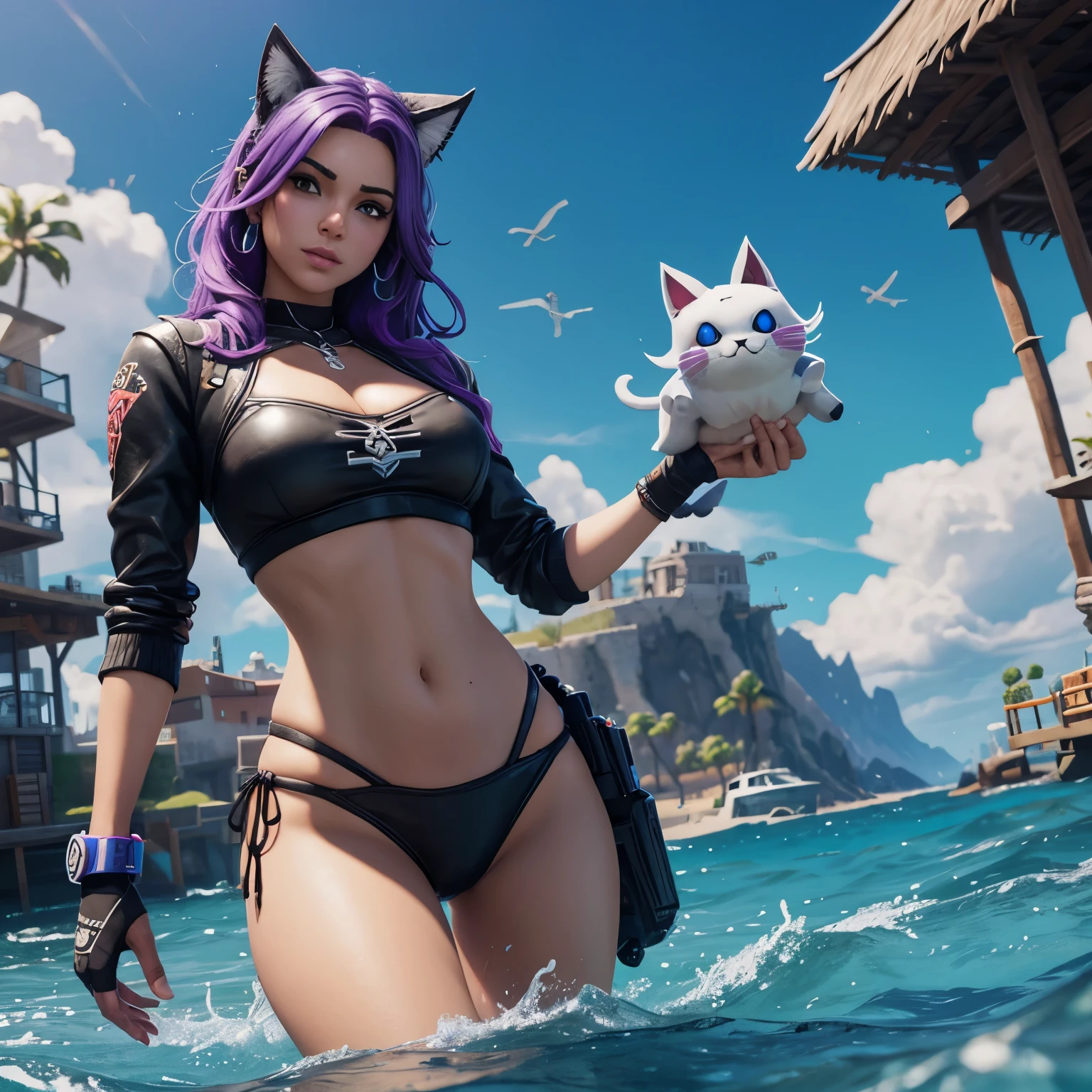 El personaje del juego fortnite miausculos se esta mansturbando en la orilla del mar
