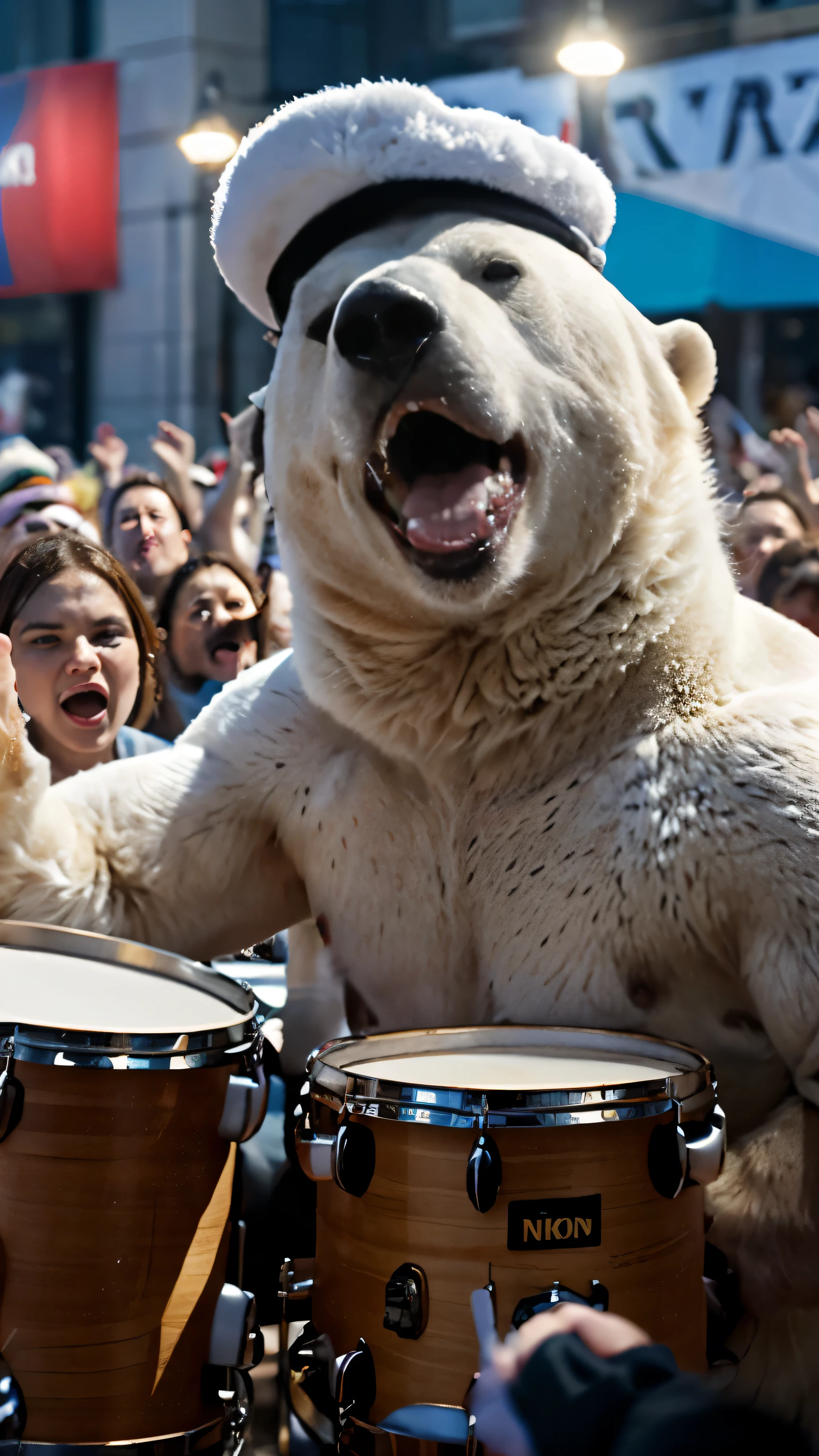 (masterpiece, RAW photo, best quality, 8k) photo, Nikon, Hasselbad, prime lens, portrait, polar bear, playing a drumkit, roaring, open mouth, wearing a tyrolian hat:1.5, crowds of people, watching and cheering, amazing detail, colourful, stuff in background
