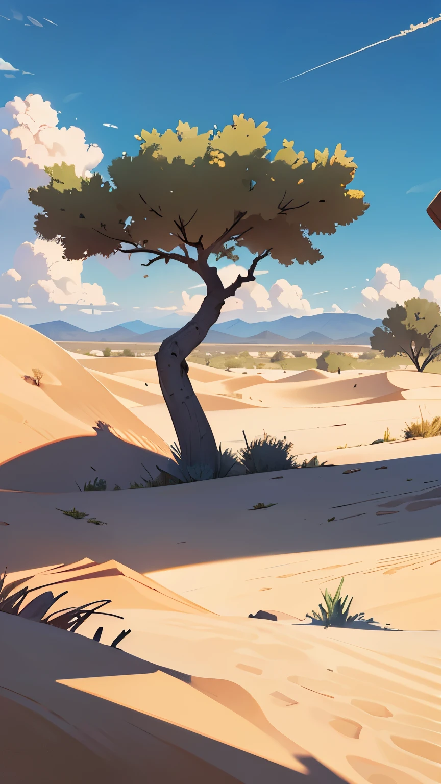 (illustrations : 1.0), photorealistic lighting, HD detail, summer, desert, sand, daytime, clouds, overcast, 12pm, dead tree, tree without leaves, Screen angle slightly looking down