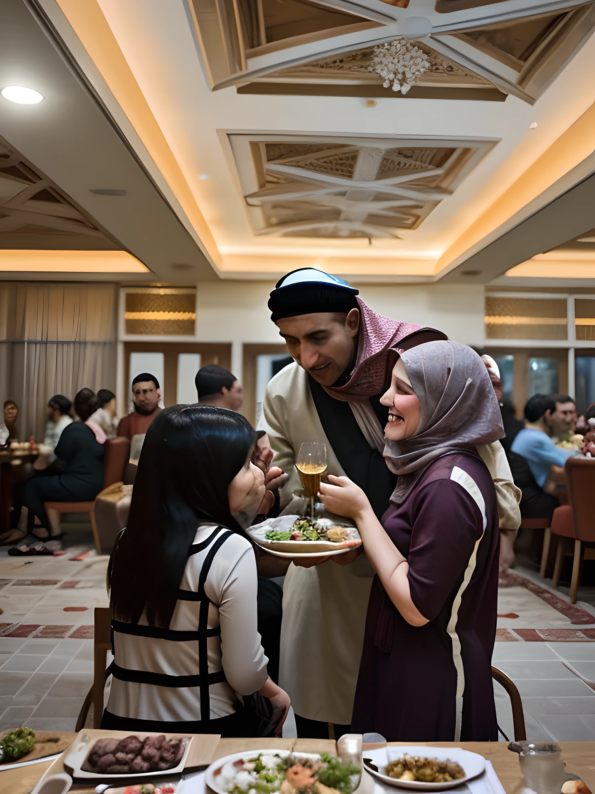 Craft a vivid scene centered around a realistic Muslim family (Husband, wife kids and other family members) gathered at a restaurant, eagerly anticipating iftar during their midjourney. Delve into the details of their cultural and religious expressions, showcasing the joy, warmth, and gratitude permeating the atmosphere. Explore the interactions, traditions, and shared moments that make this iftar celebration a special and meaningful occasion for the family. Bring to life the diversity of ages, personalities, and relationships within the family as they come together to break their fast and share in the spirit of togetherness.