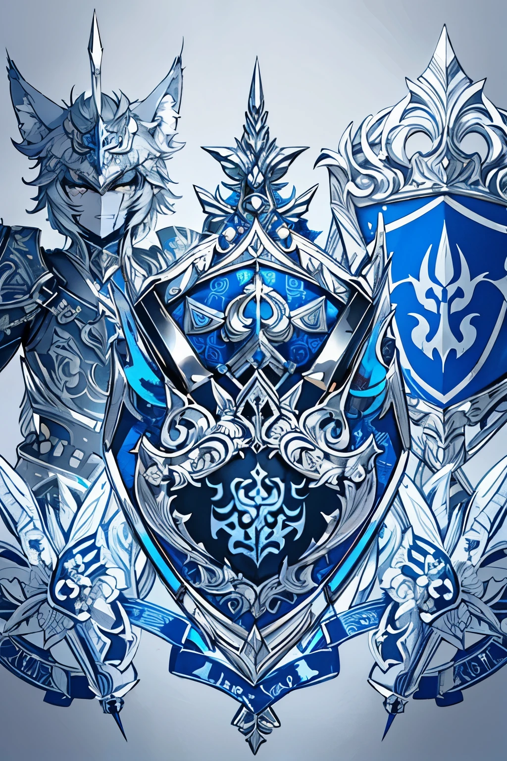 a wolf surrounded by swords, a silver and blue shield with a stylized design on it, shield design, fantasy shield, blue and silver armor, shield emblem, royal coat of arms
