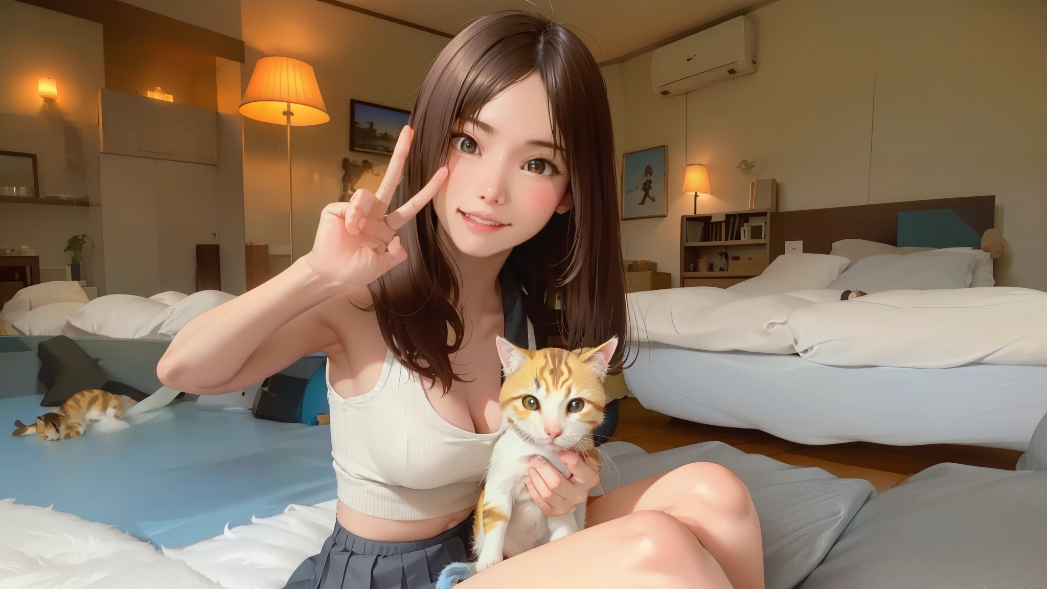 (high quality、8K、ultra hd、Beautiful 16 year old Japanese woman with a kitten on her lap)、Tank top、mini skirt、A happy smile、whole body、random pose、A cute pop room with kittens、digital painting、concept art、3D lighting、2D rendering、art germ、ArtStat Trends、pop of color、pop art、Realistic depiction like a photo