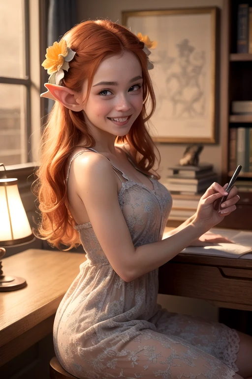 (masterpiece:1.4), (best quality:1.4), fantasy, extremely detailed, intricate, hyper detailed, illustration,soft lighting, 1 elf, Orange hair_flower, sheer sundress, bend_over , grin, (perfect_face), sitting, desk, ornate, intricate, dramatic lighting, 4k, detailed_background, caustics, full_body, digital_illustration, from_side