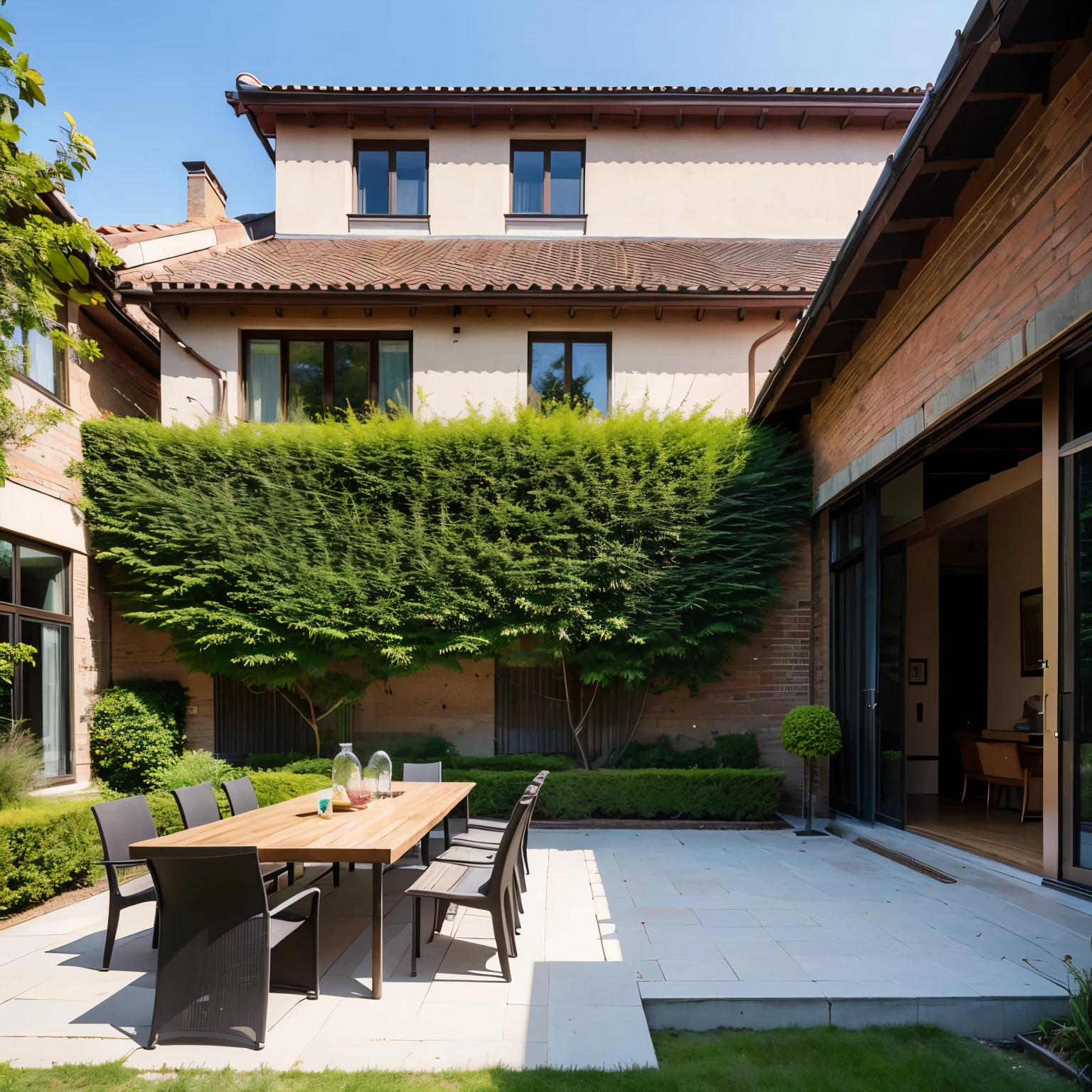 A large rectangular terrace in front of the house, in a modern style, with 19th-century brick on the main wall, roofing based on anthracite-colored poles. There are tiles on the floor. Inside, there are tables and chairs made of rafan. There are thujas or other shrubs around, a realistic photo
