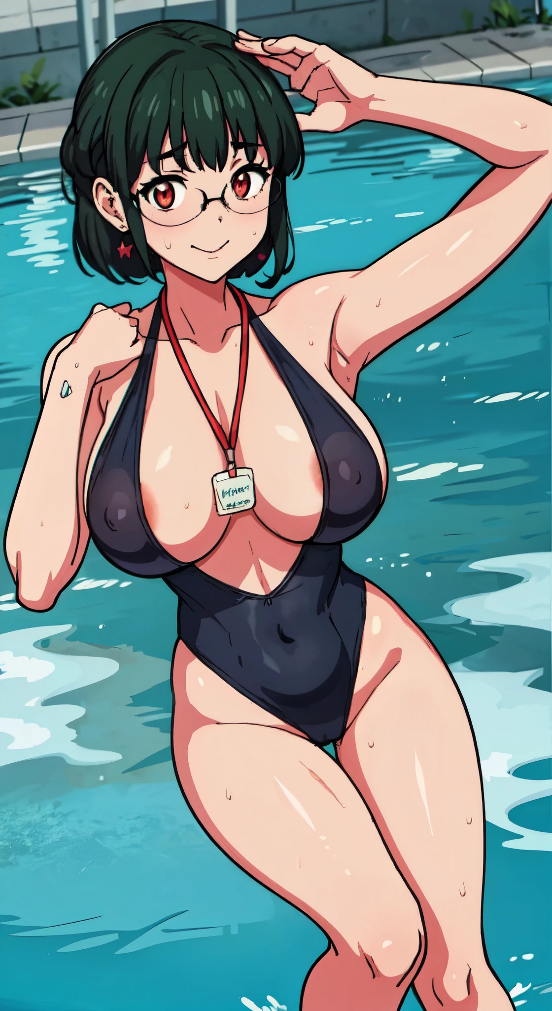 (perfect body),highest quality,(8K portrait),(anime screen cap)、(nsfw)、Sweat,((big breasts))、(black hair),((bob cut))、red eyes,(thick thighs),big ass、swollen nipples、(Navy Blue High Leg Swimsuit)、A sluggish smile、adult woman、(((embarrassing)))、((Poolside))、obesity、((hands behind head))、((both armpits))、glasses、wears a whistle around the neck